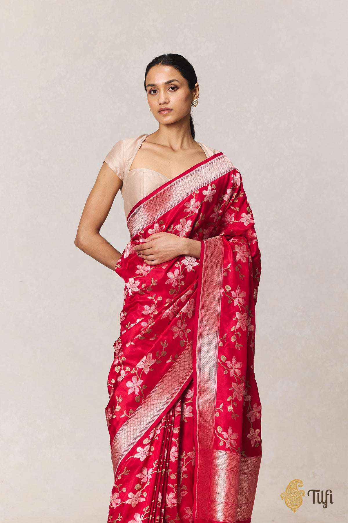 Pre-Order: 'Kachnar' Red Pure Katan Silk Banarasi Handloom Saree