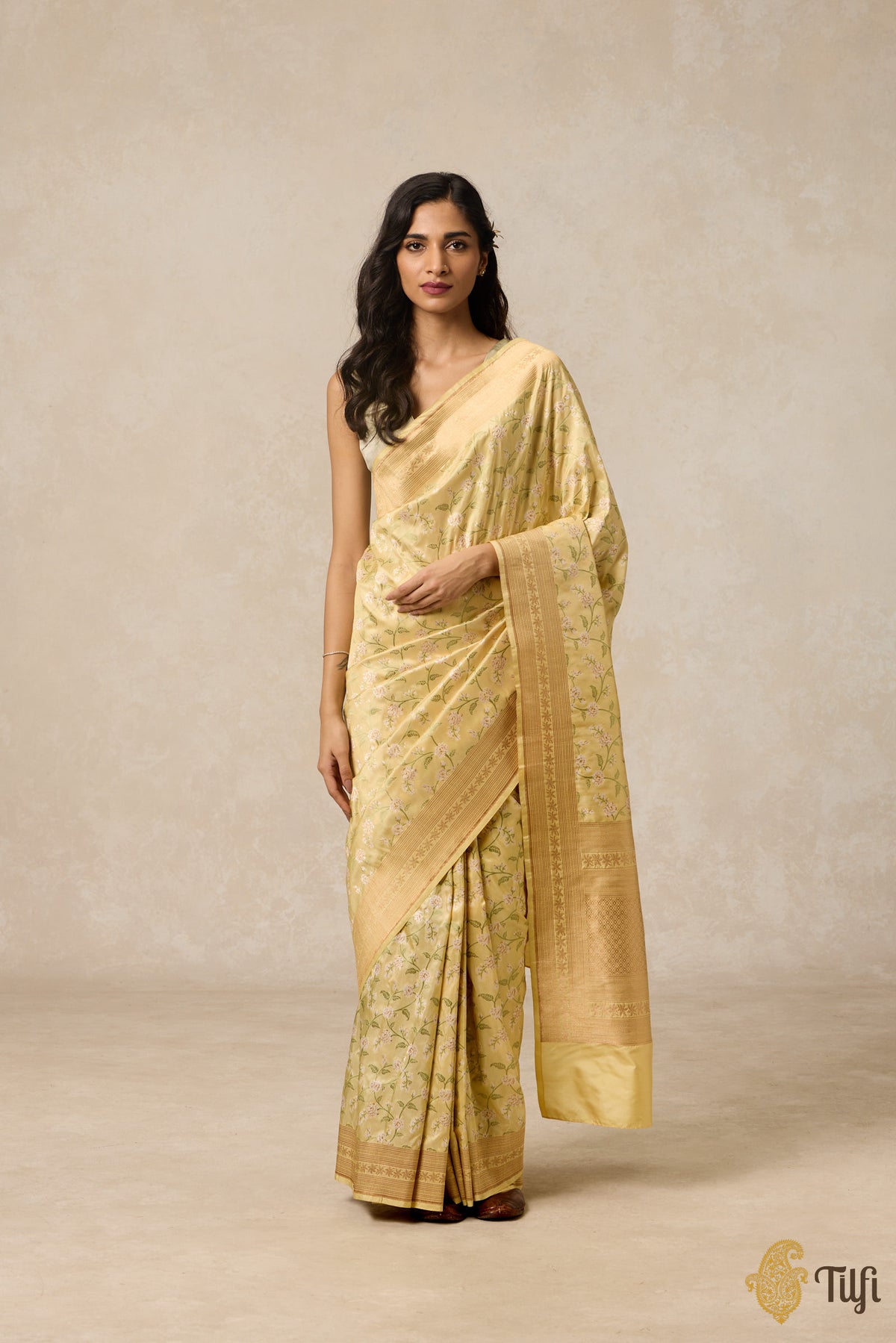 &#39;Jasmine&#39; Pastel Yellow Pure Katan Silk Banarasi Handloom Saree