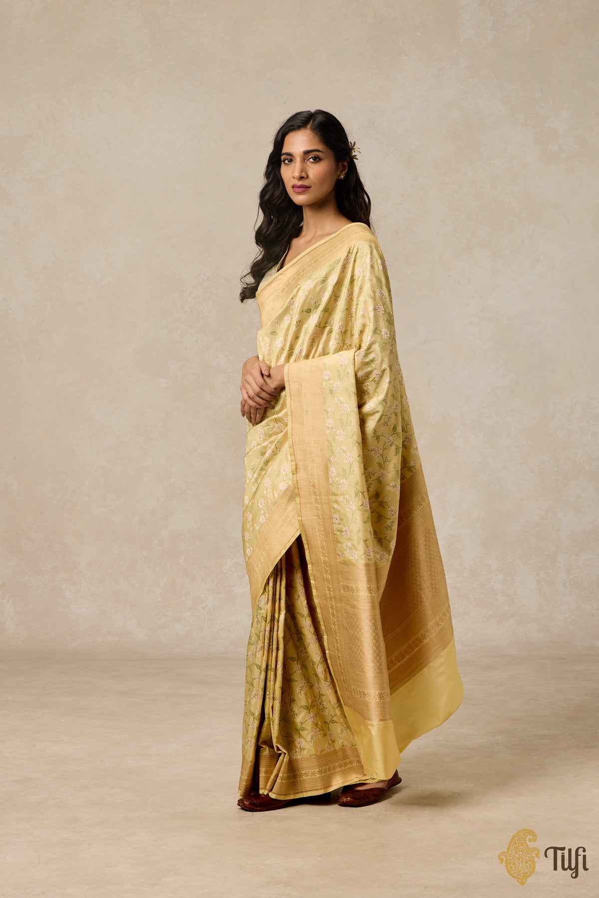 &#39;Jasmine&#39; Pastel Yellow Pure Katan Silk Banarasi Handloom Saree