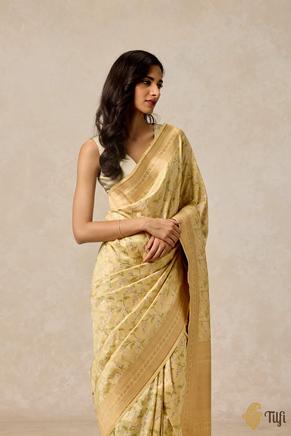 &#39;Jasmine&#39; Pastel Yellow Pure Katan Silk Banarasi Handloom Saree