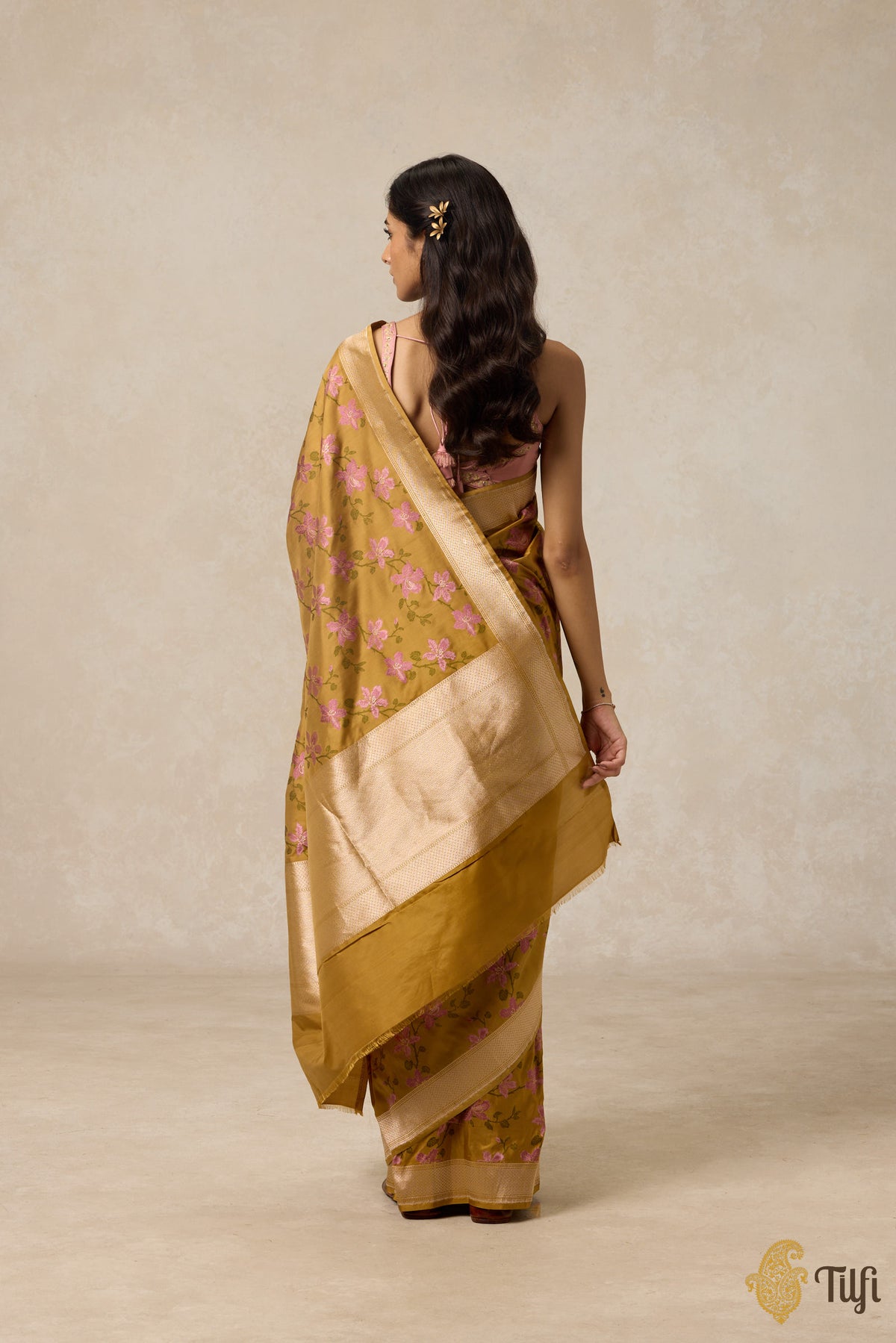 &#39;Kachnar&#39; Ochre Yellow Pure Katan Silk Banarasi Handloom Saree