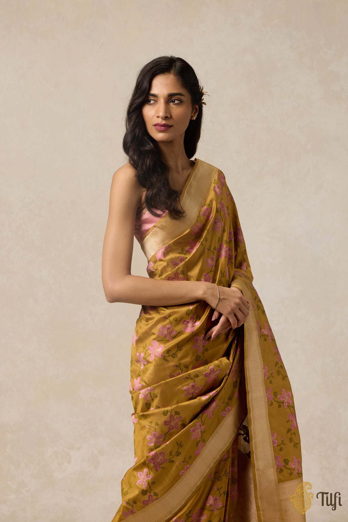 &#39;Kachnar&#39; Ochre Yellow Pure Katan Silk Banarasi Handloom Saree