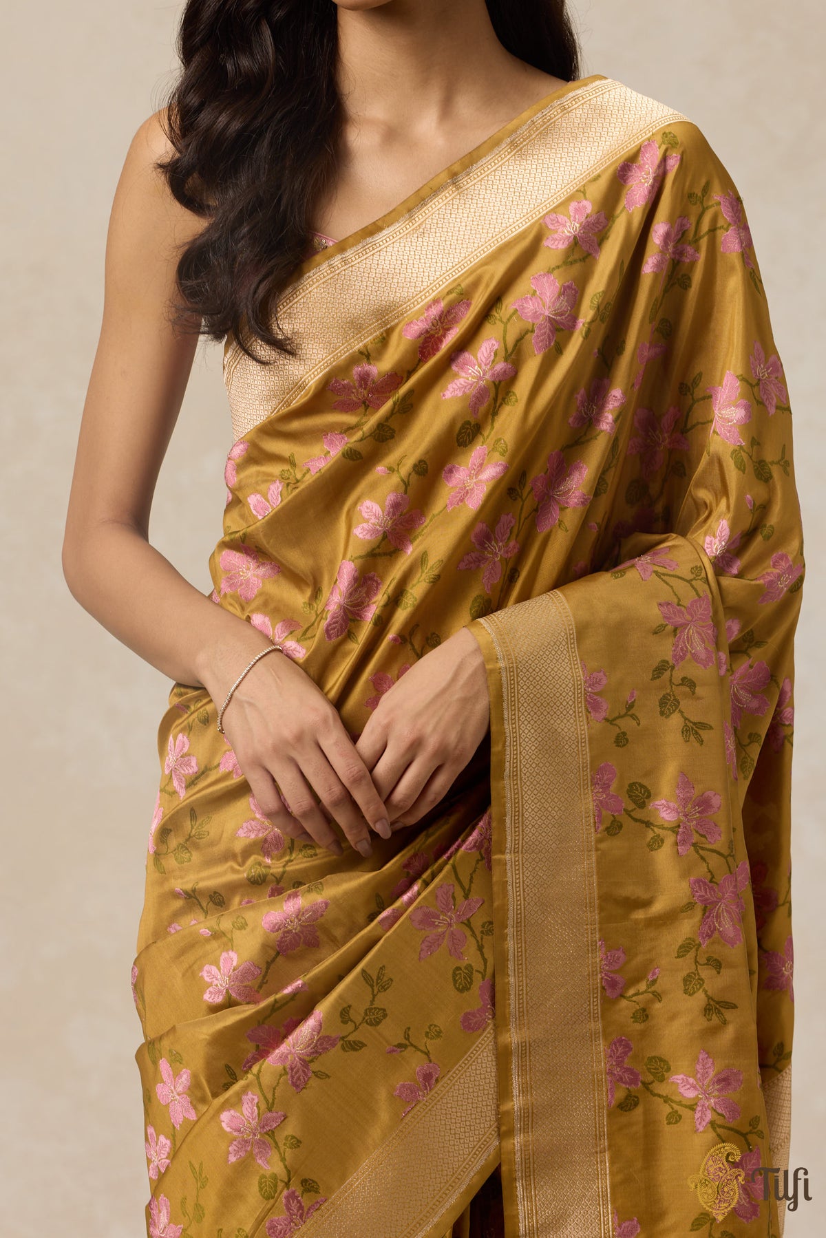 &#39;Kachnar&#39; Ochre Yellow Pure Katan Silk Banarasi Handloom Saree