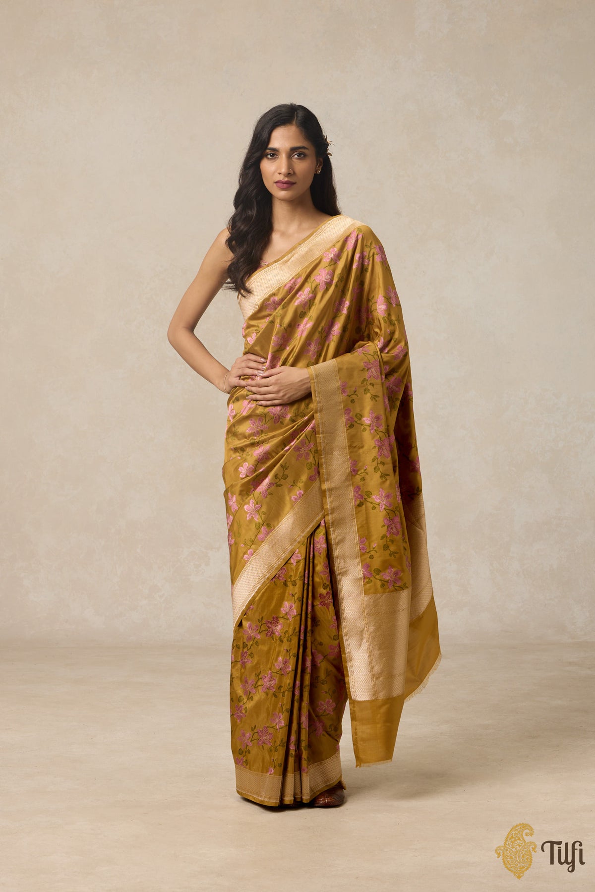 &#39;Kachnar&#39; Ochre Yellow Pure Katan Silk Banarasi Handloom Saree