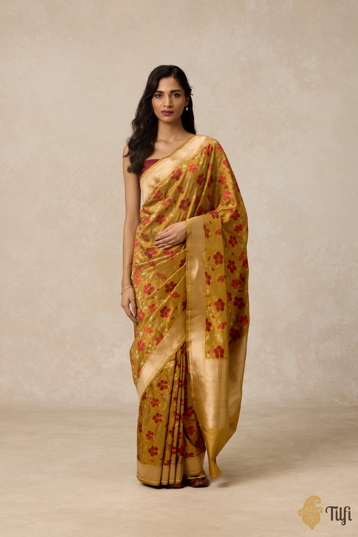 &#39;Hibiscus&#39; Ochre Yellow Pure Katan Silk Banarasi Handloom Saree