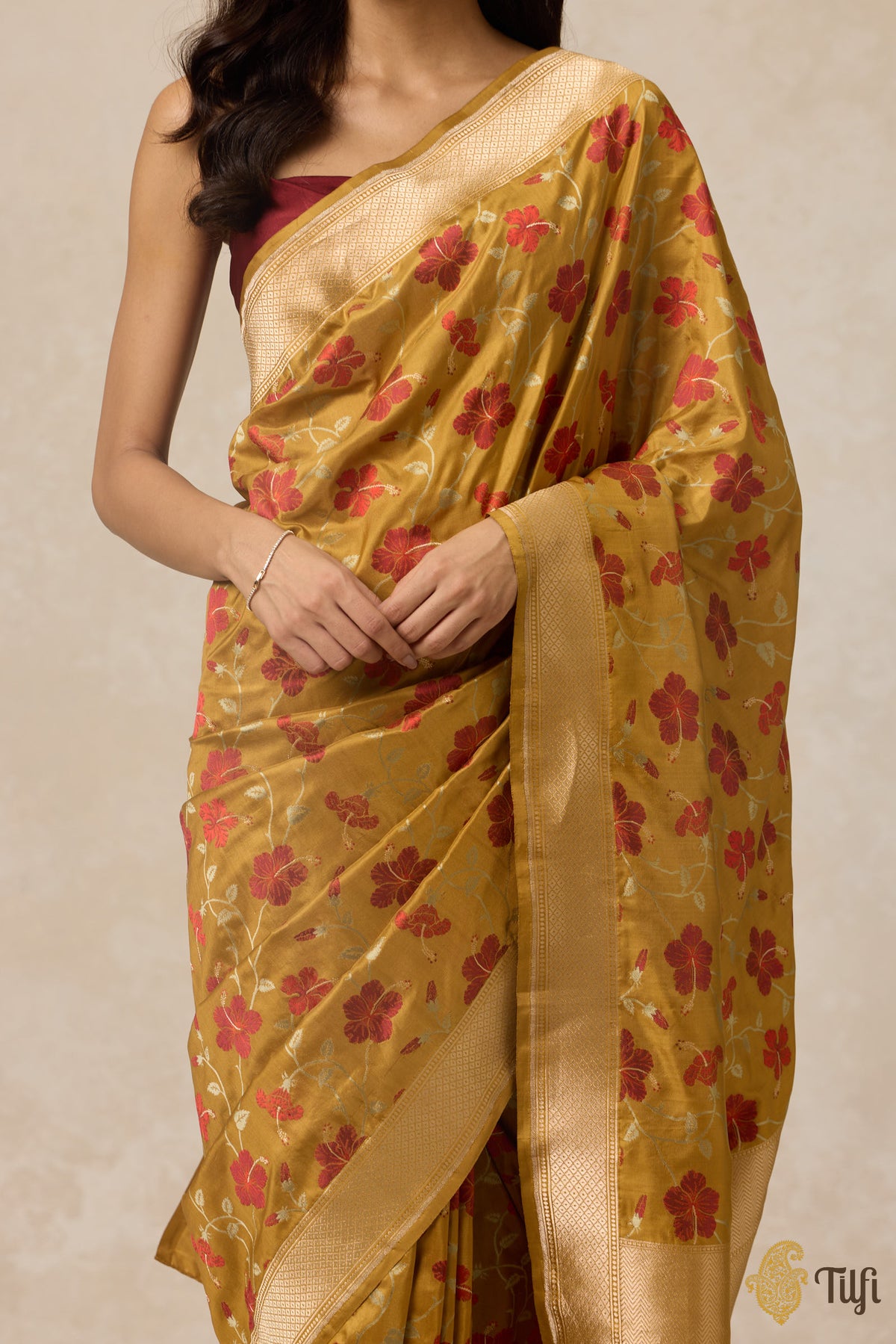 &#39;Hibiscus&#39; Ochre Yellow Pure Katan Silk Banarasi Handloom Saree