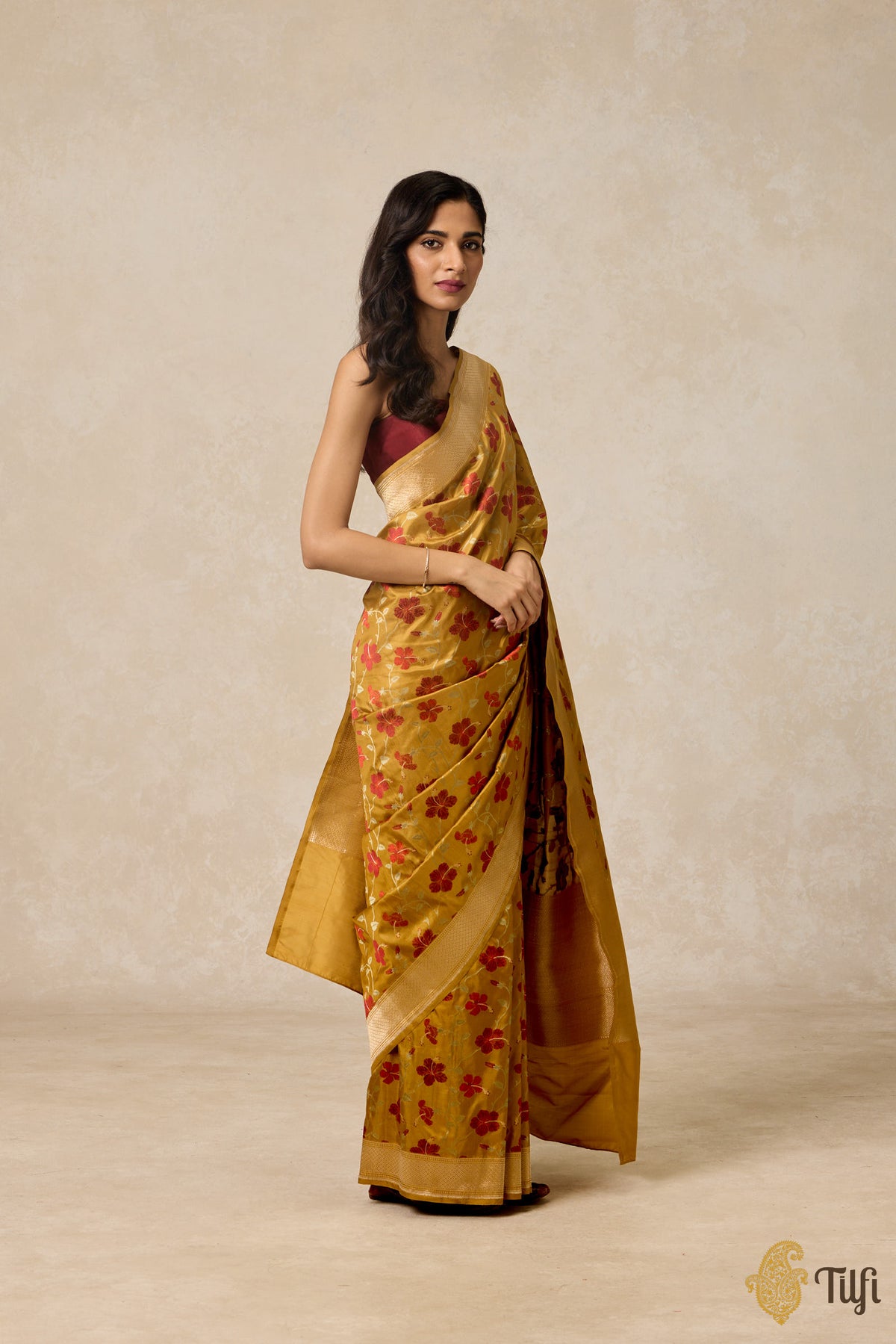 &#39;Hibiscus&#39; Ochre Yellow Pure Katan Silk Banarasi Handloom Saree