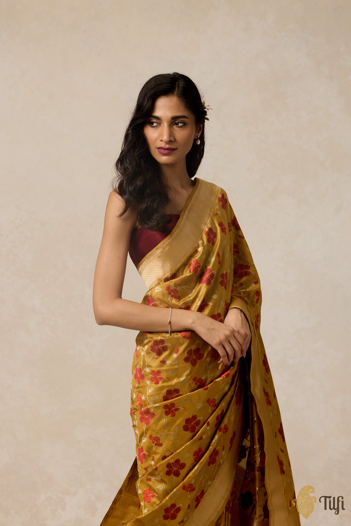 &#39;Hibiscus&#39; Ochre Yellow Pure Katan Silk Banarasi Handloom Saree