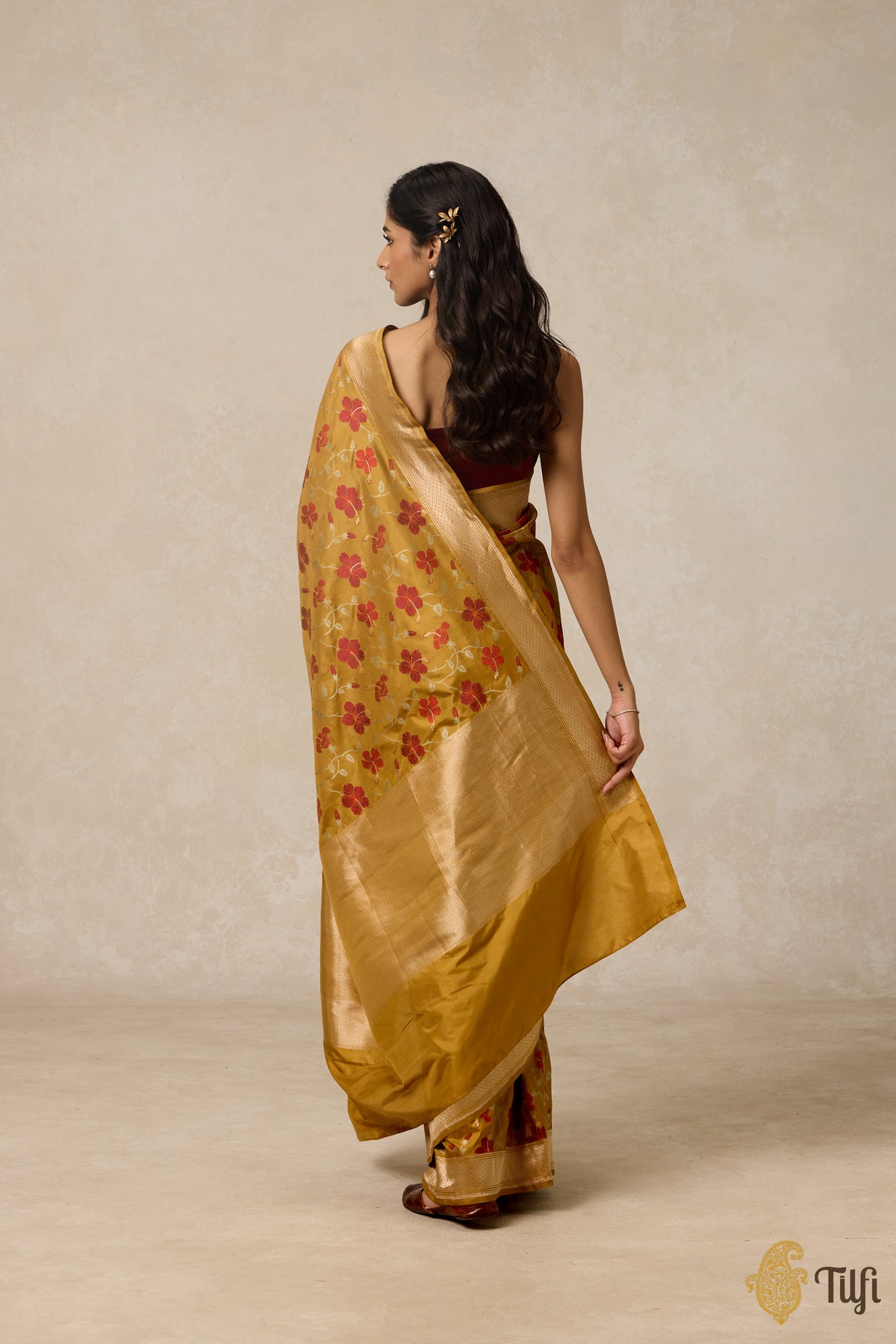 &#39;Hibiscus&#39; Ochre Yellow Pure Katan Silk Banarasi Handloom Saree