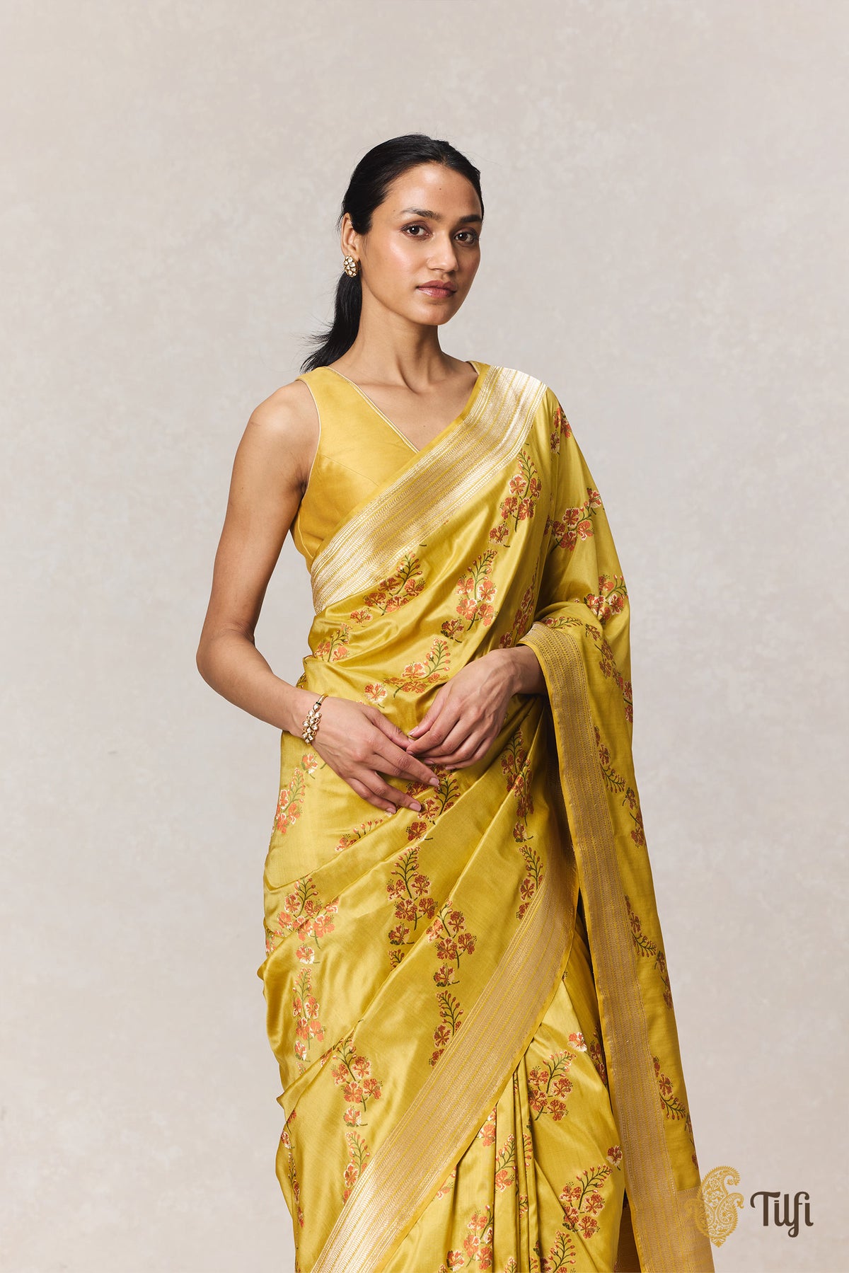 Pre-Order: 'Gulmohar' Yellow Pure Katan Silk Banarasi Handloom Saree