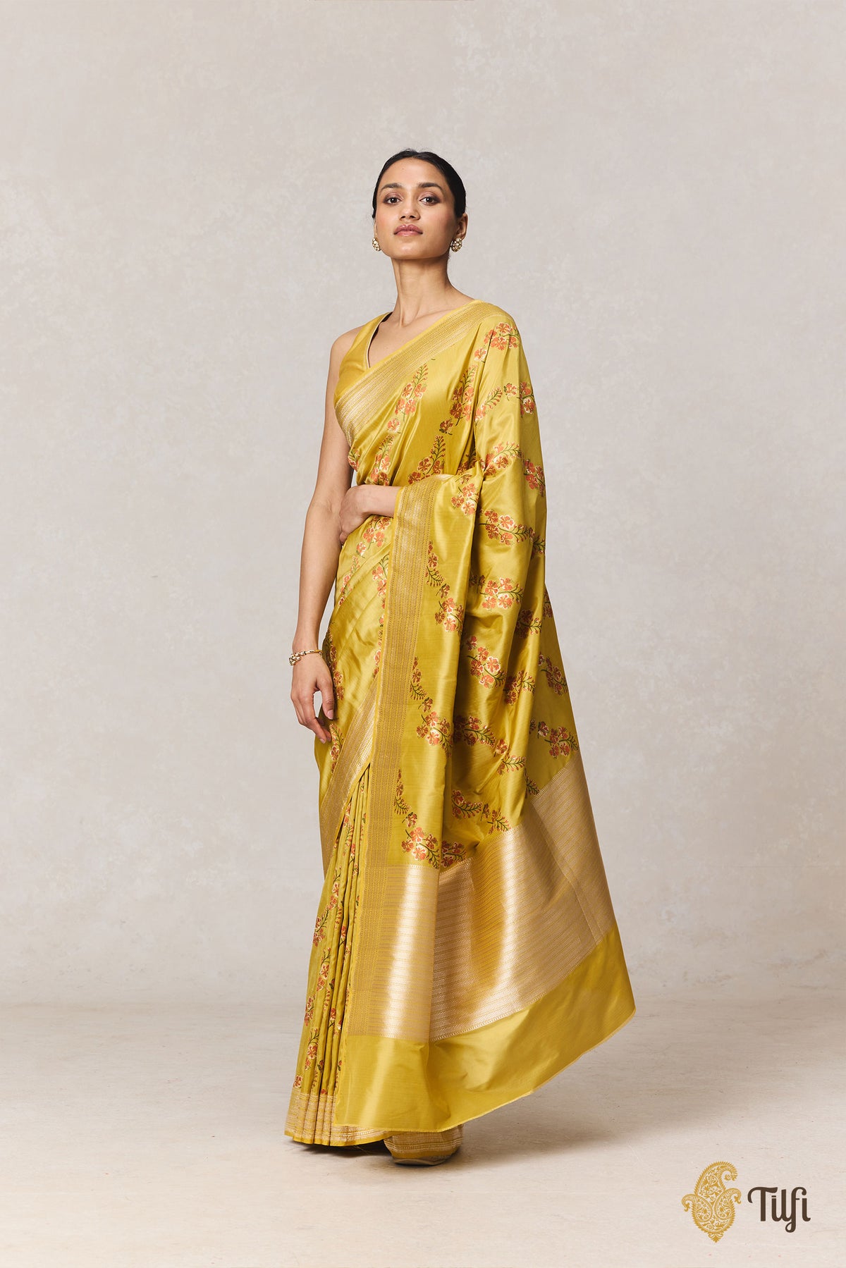 Pre-Order: 'Gulmohar' Yellow Pure Katan Silk Banarasi Handloom Saree