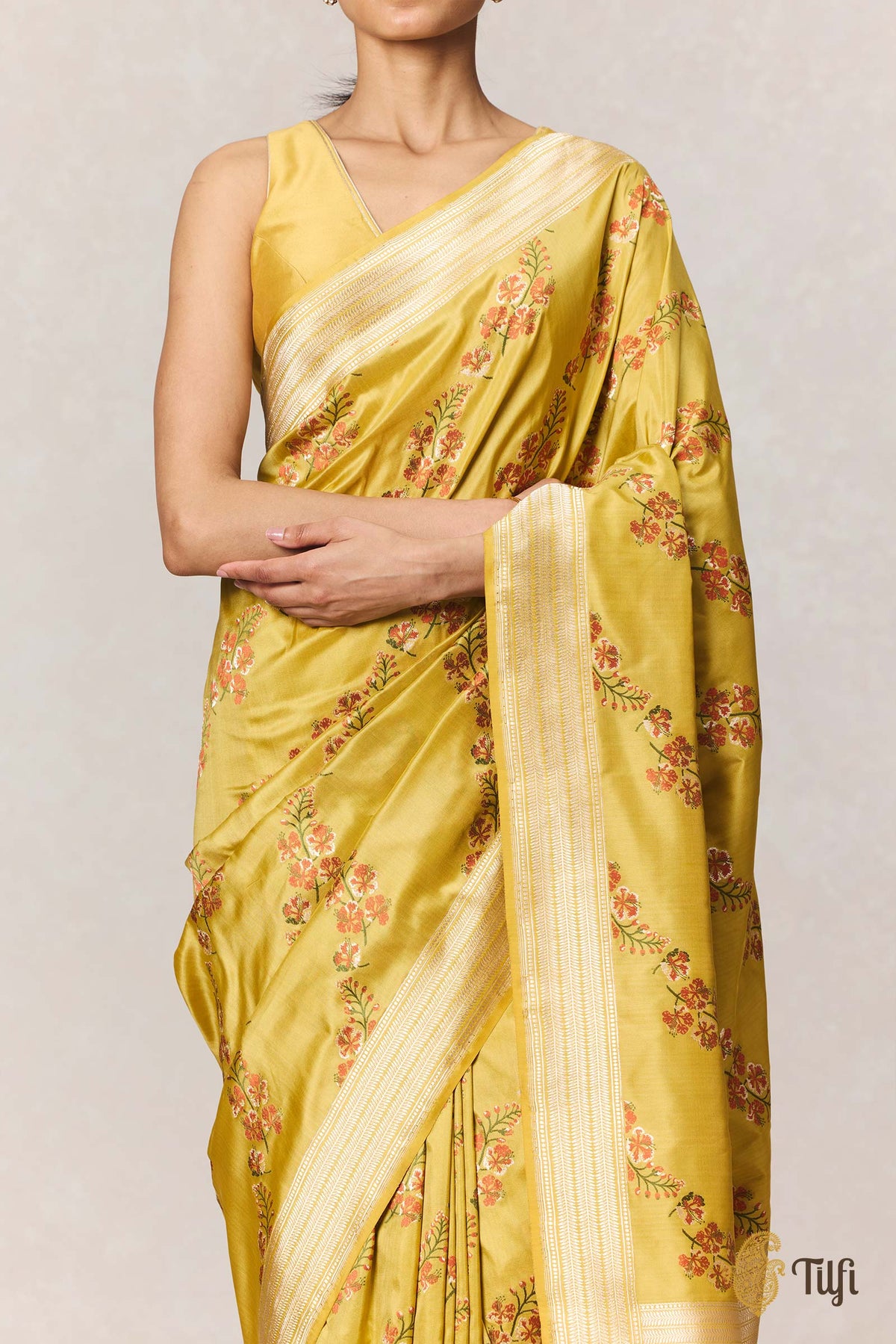 Pre-Order: 'Gulmohar' Yellow Pure Katan Silk Banarasi Handloom Saree