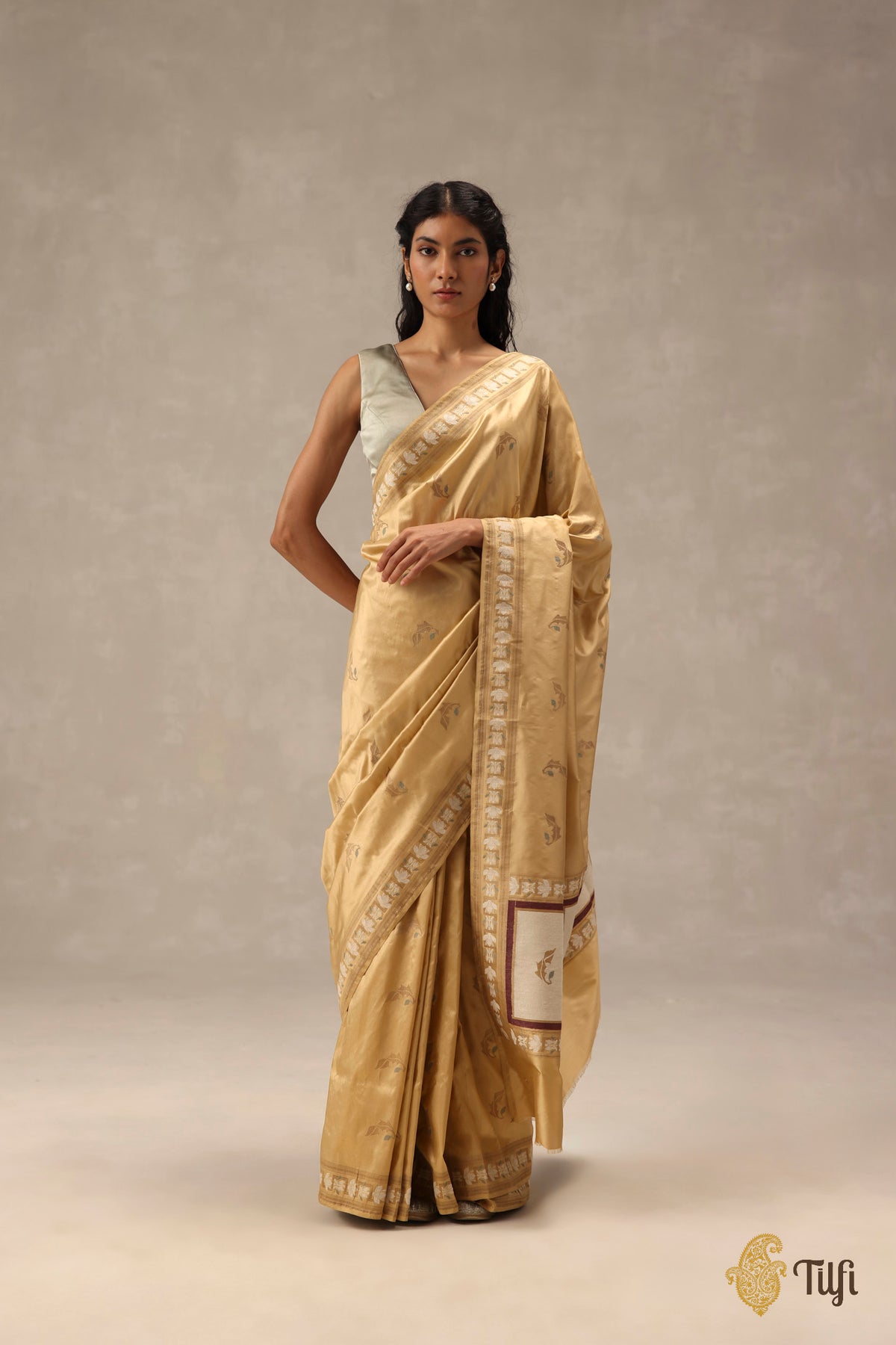 'Flora' Beige Gold Pure Katan Gheecha Silk Banarasi Handloom Saree