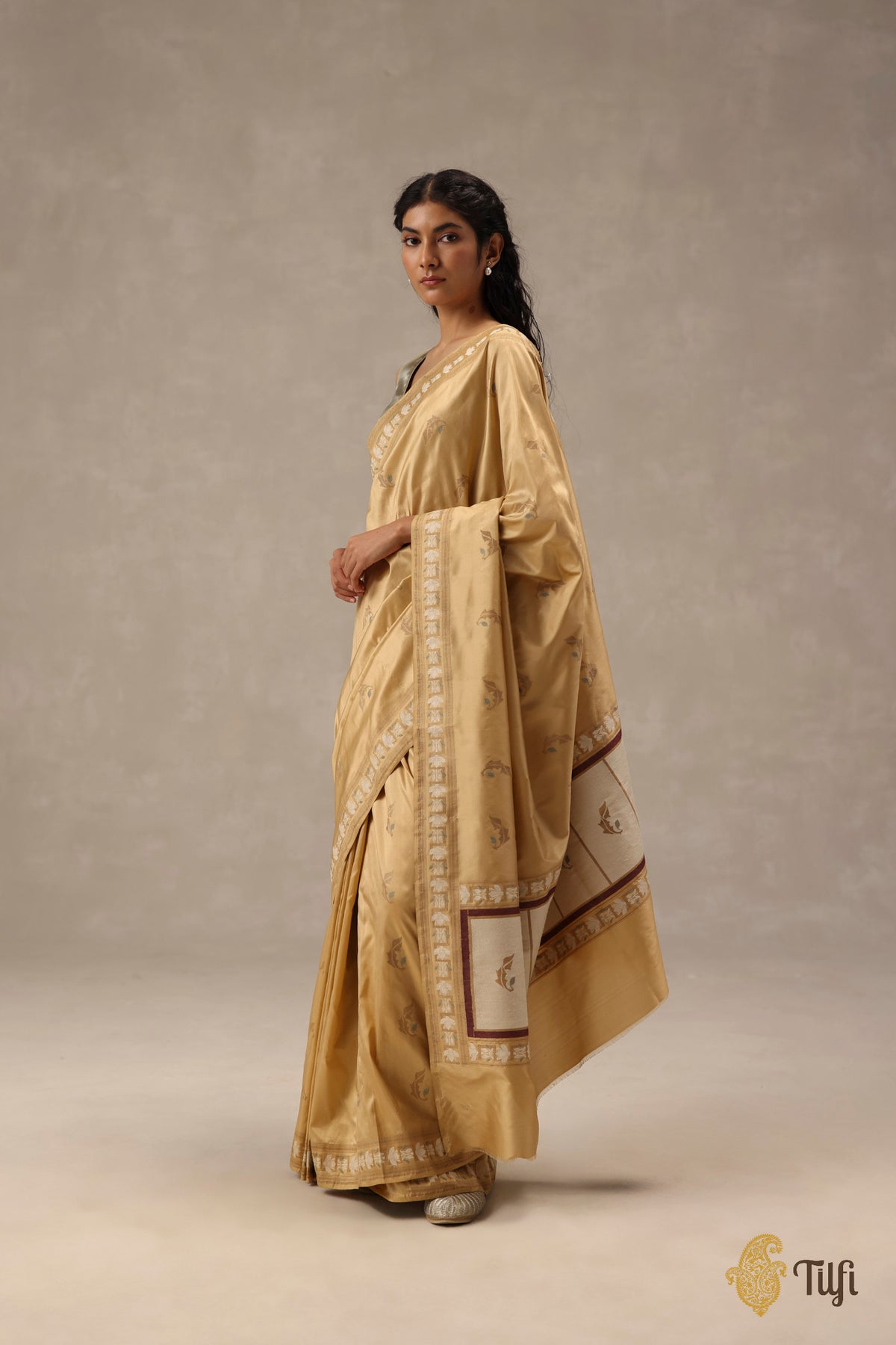 'Flora' Beige Gold Pure Katan Gheecha Silk Banarasi Handloom Saree
