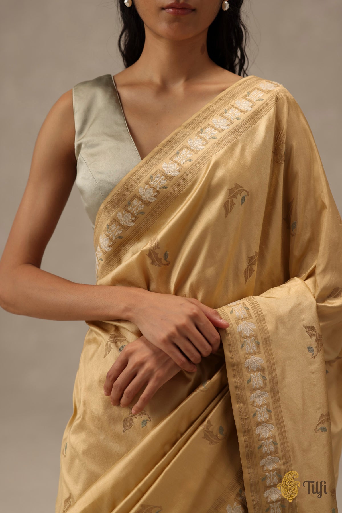 'Flora' Beige Gold Pure Katan Gheecha Silk Banarasi Handloom Saree