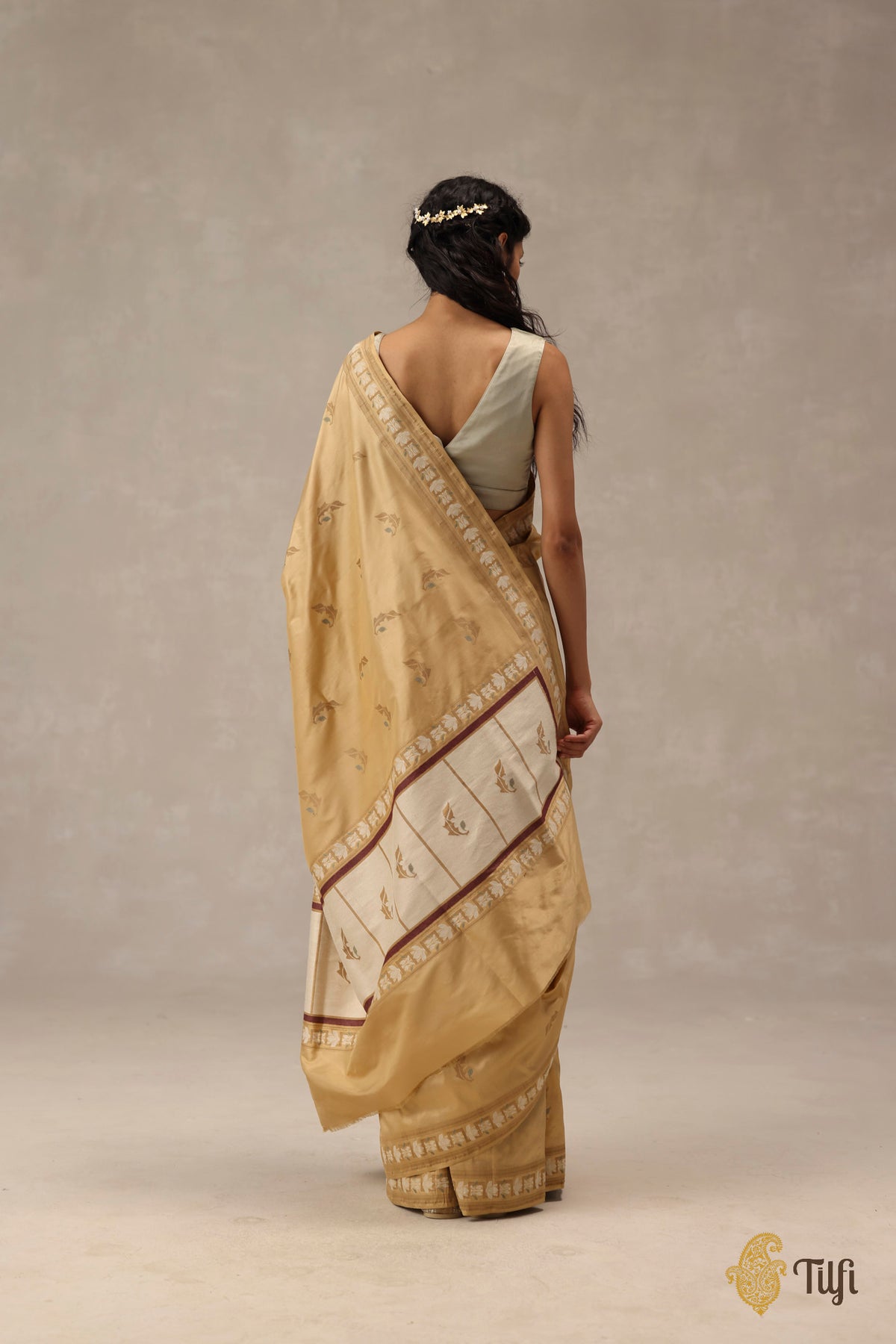 'Flora' Beige Gold Pure Katan Gheecha Silk Banarasi Handloom Saree