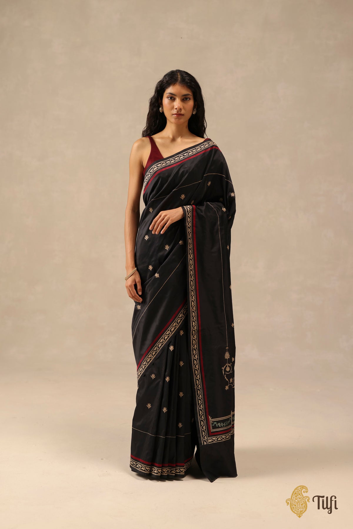 'Rosa' Black Pure Katan Gheecha Silk Banarasi Handloom Saree