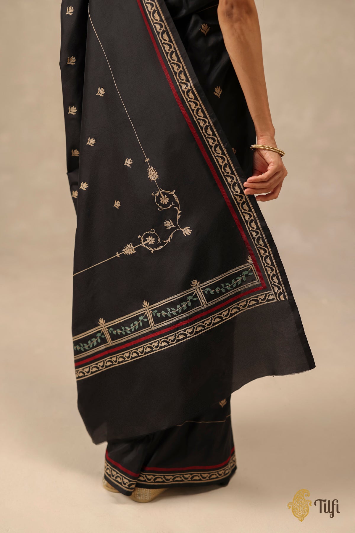 'Rosa' Black Pure Katan Gheecha Silk Banarasi Handloom Saree