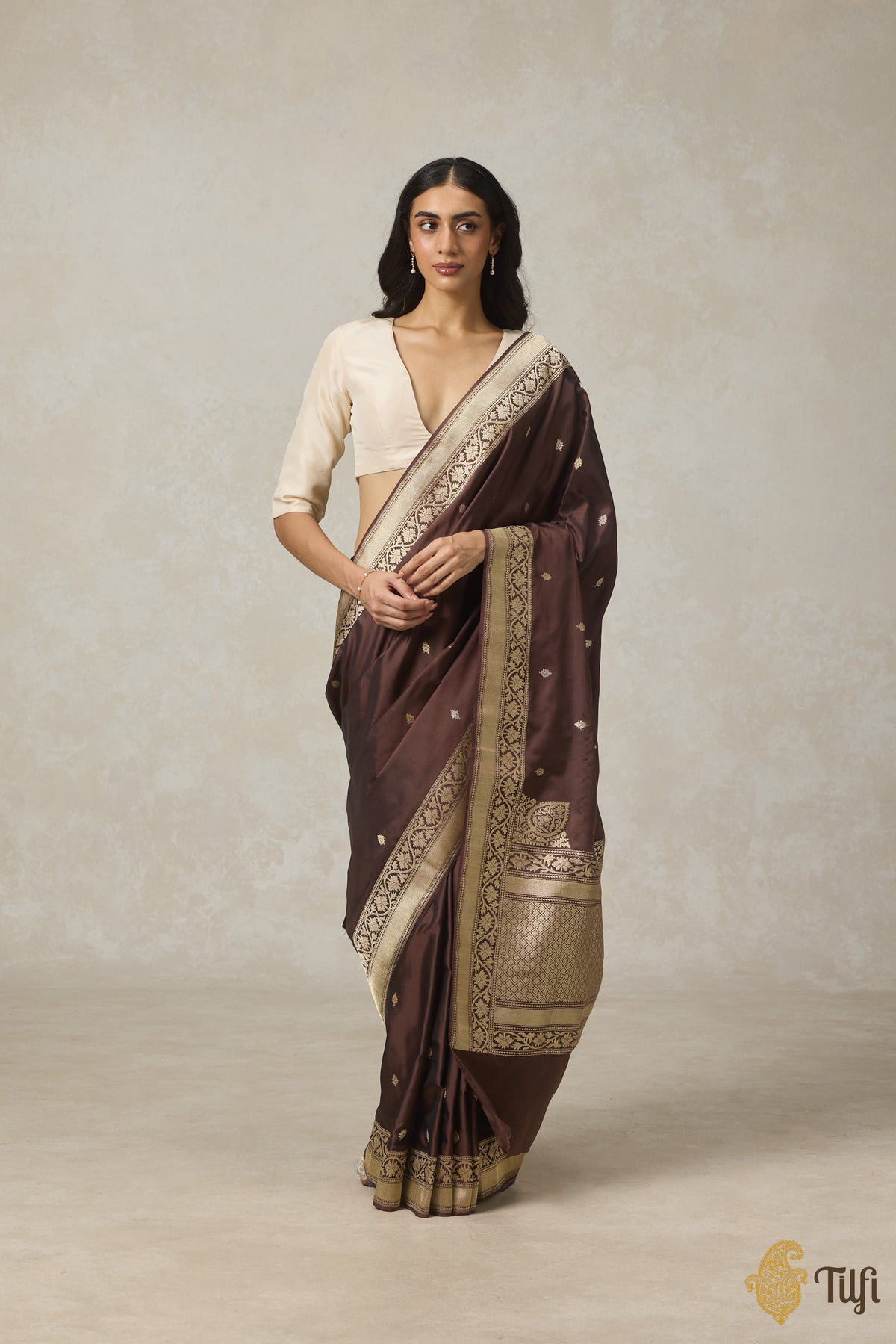 Pre-Order: &#39;Tarini&#39; Brown Pure Katan Silk Ektara Banarasi Handloom Saree