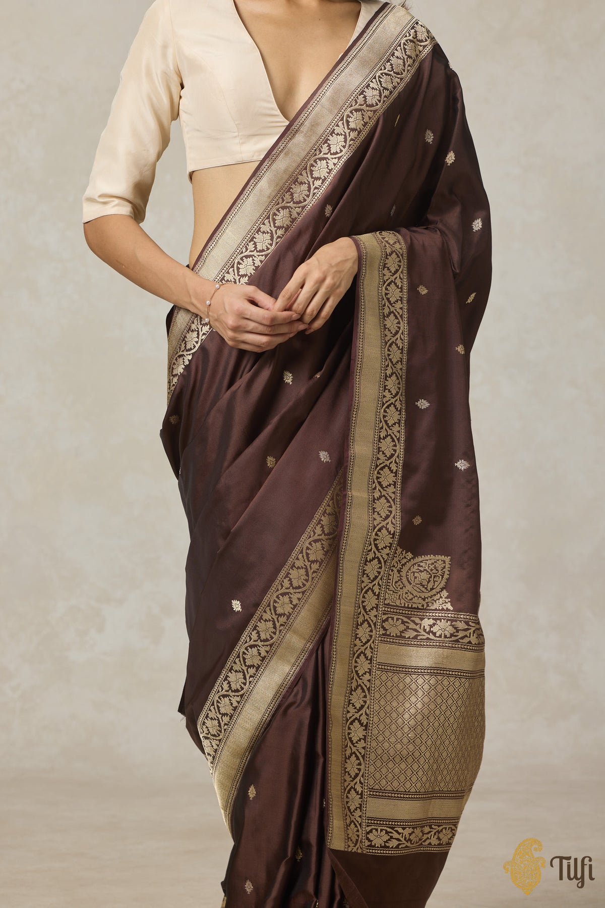 Pre-Order: &#39;Tarini&#39; Brown Pure Katan Silk Ektara Banarasi Handloom Saree