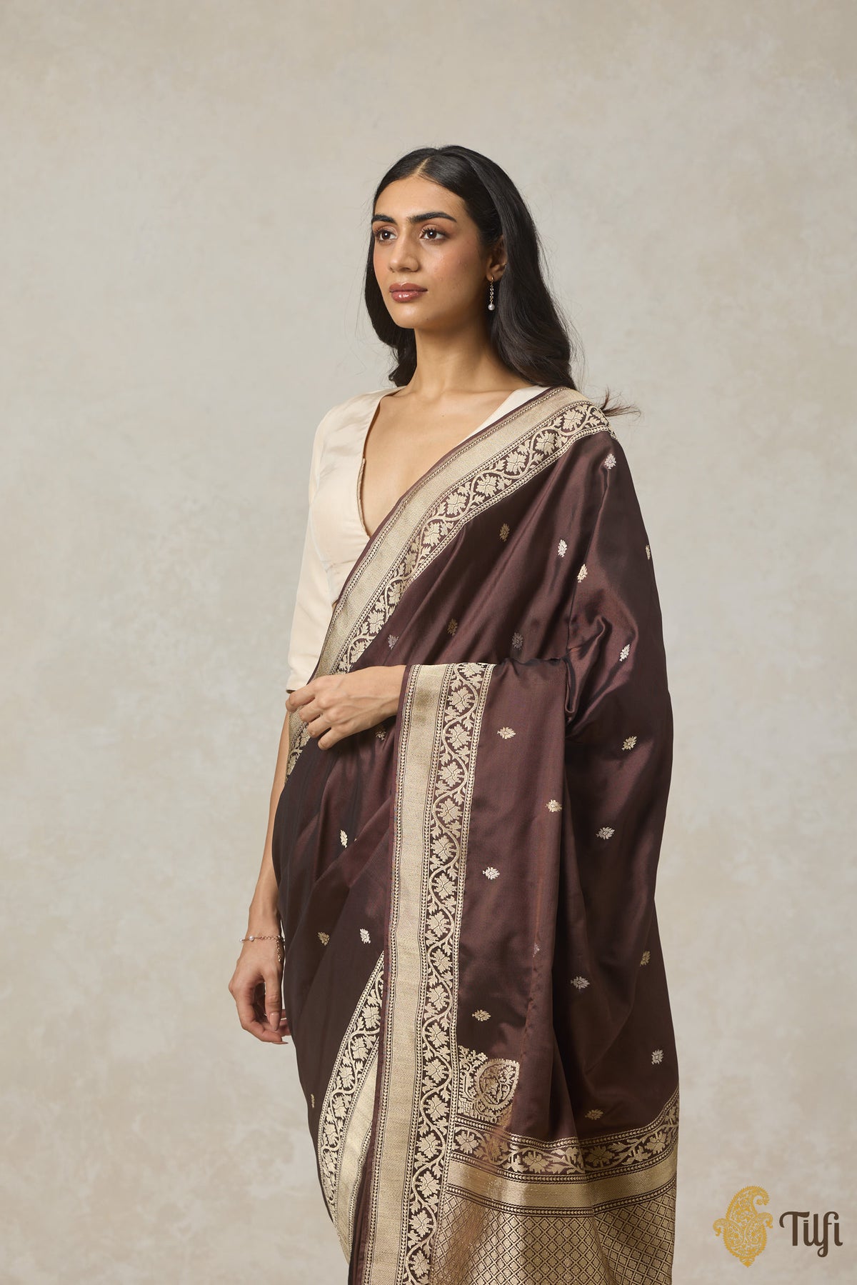 Pre-Order: &#39;Tarini&#39; Brown Pure Katan Silk Ektara Banarasi Handloom Saree