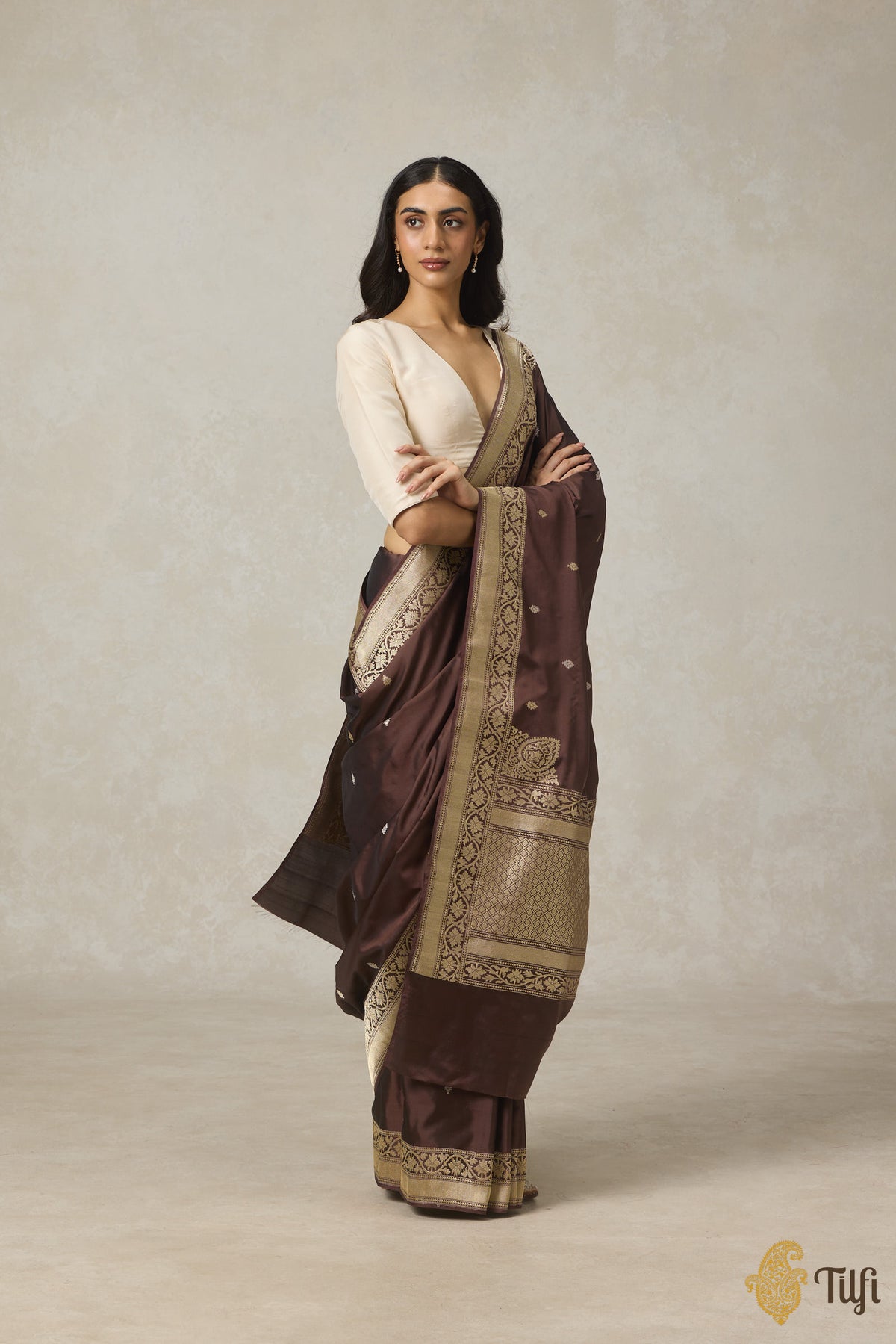 Pre-Order: &#39;Tarini&#39; Brown Pure Katan Silk Ektara Banarasi Handloom Saree