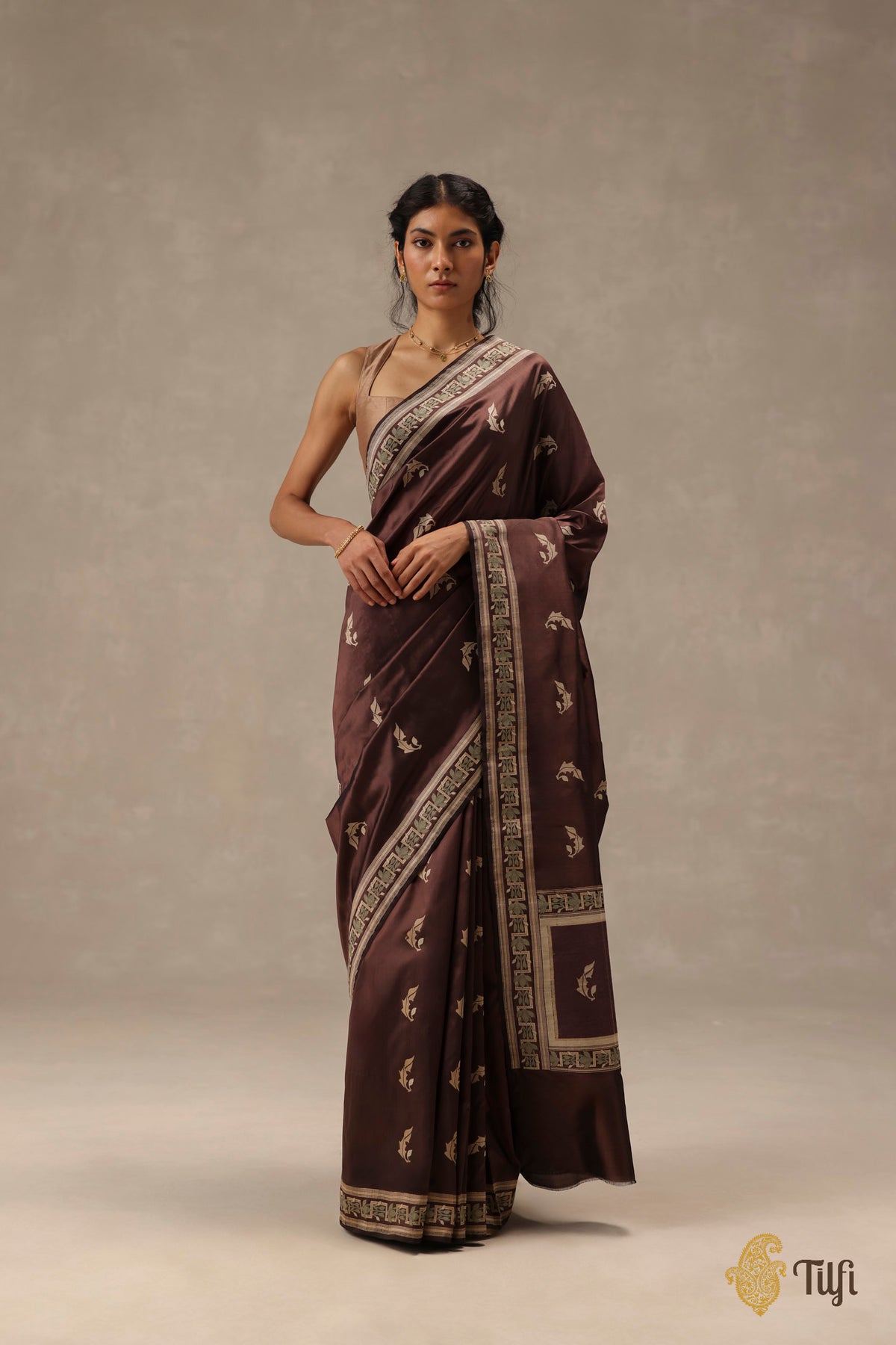'Flora' Brown Pure Katan Gheecha Silk Banarasi Handloom Saree