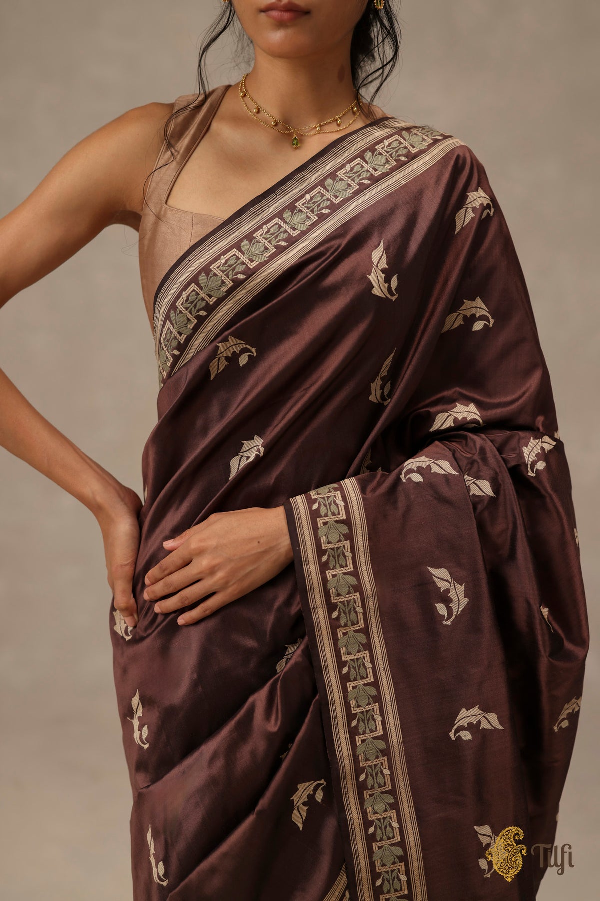 'Flora' Brown Pure Katan Gheecha Silk Banarasi Handloom Saree