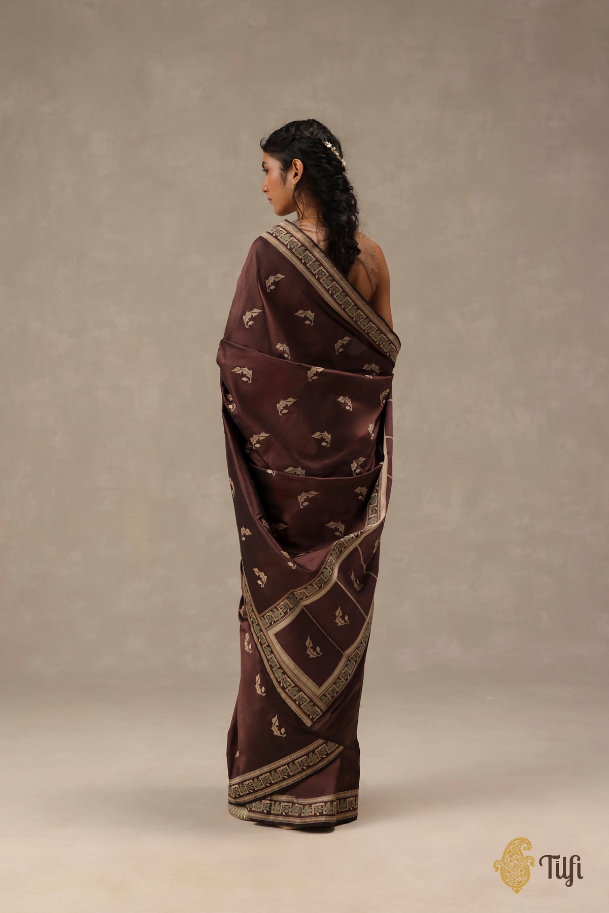 'Flora' Brown Pure Katan Gheecha Silk Banarasi Handloom Saree