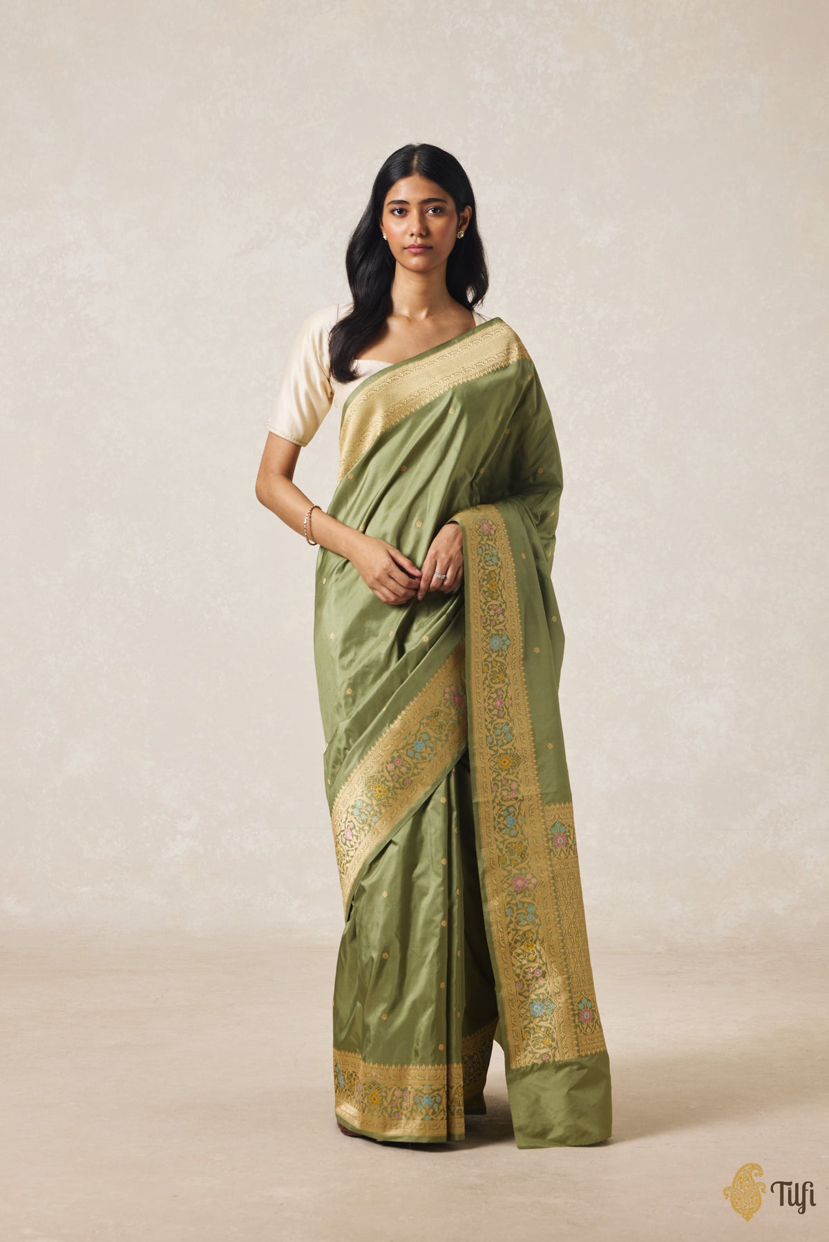 Pre-Order: Sage Green Pure Katan Silk Banarasi Handloom Saree