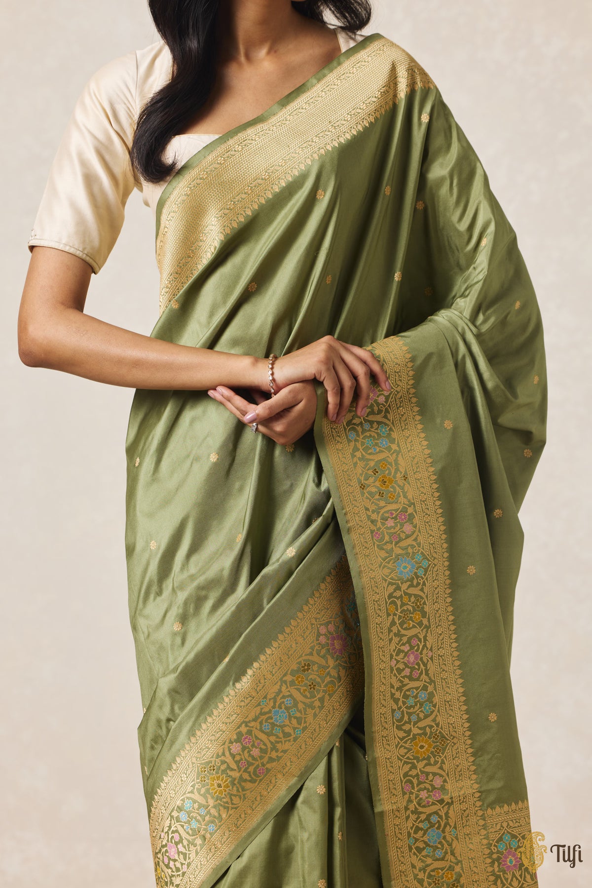 Pre-Order: Sage Green Pure Katan Silk Banarasi Handloom Saree