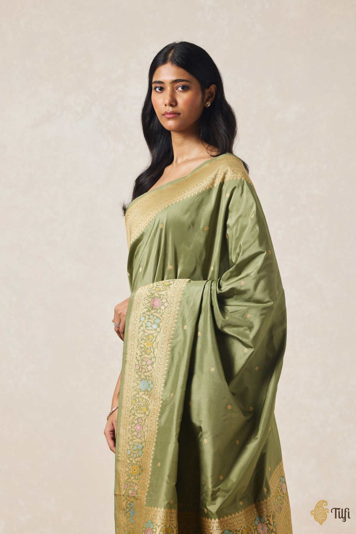 Pre-Order: Sage Green Pure Katan Silk Banarasi Handloom Saree