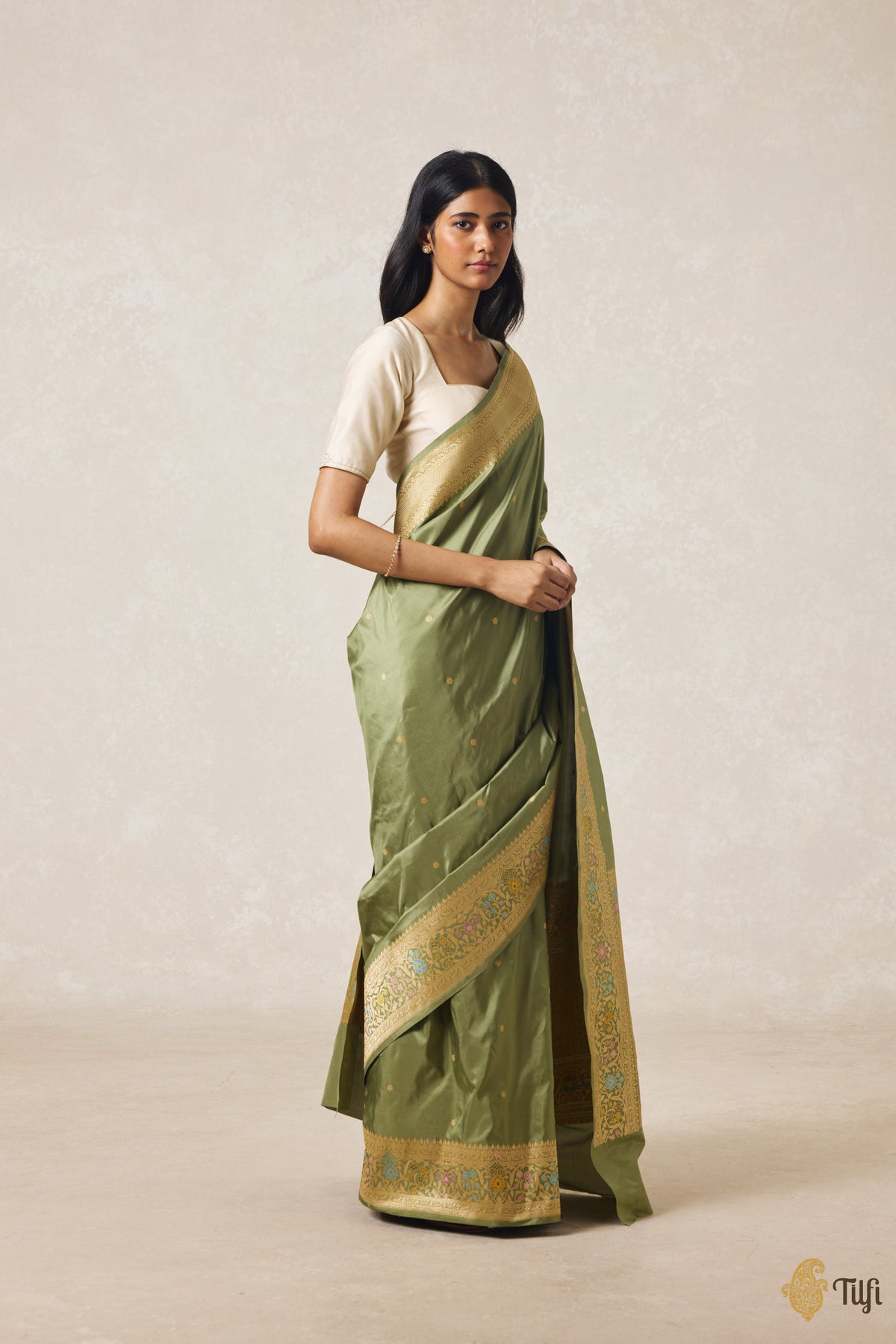Pre-Order: Sage Green Pure Katan Silk Banarasi Handloom Saree