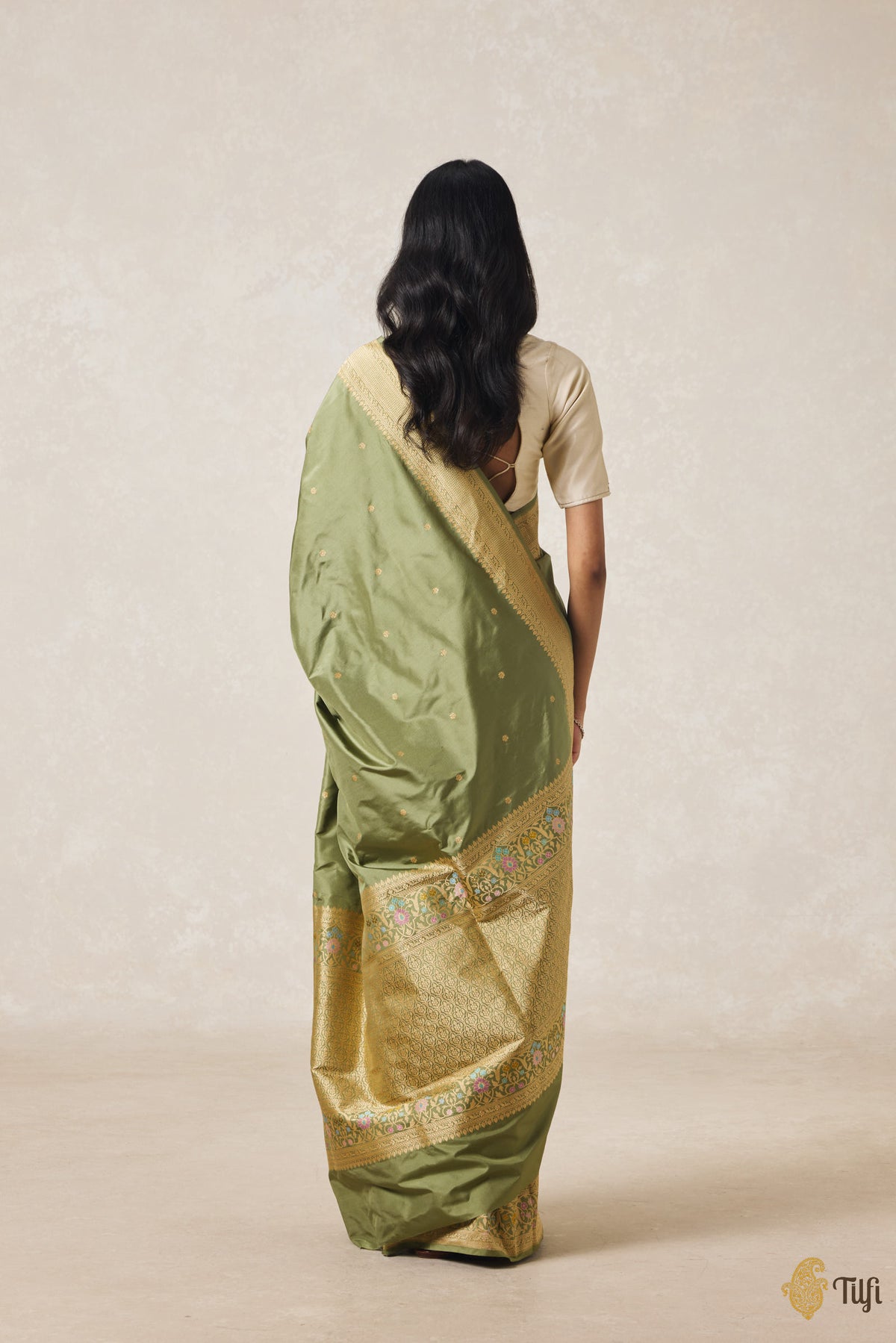 Pre-Order: Sage Green Pure Katan Silk Banarasi Handloom Saree