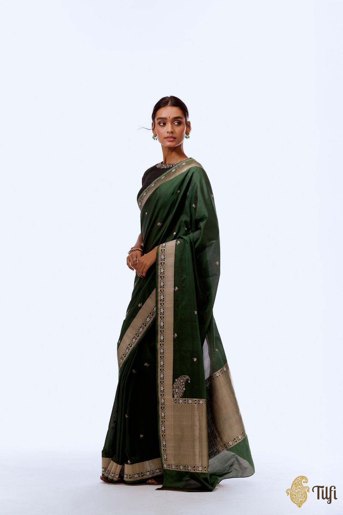 Pre-Order: &#39;Komal Abhisar&#39; Dark Green Pure Katan Silk Banarasi Handloom Saree