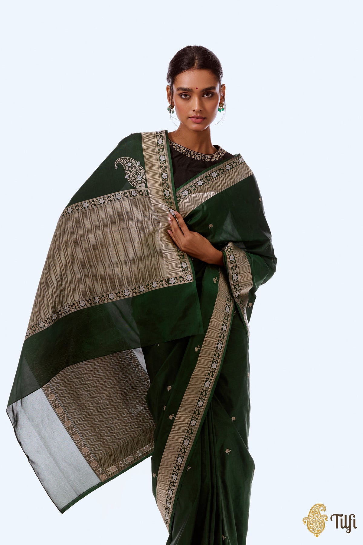 Pre-Order: &#39;Komal Abhisar&#39; Dark Green Pure Katan Silk Banarasi Handloom Saree