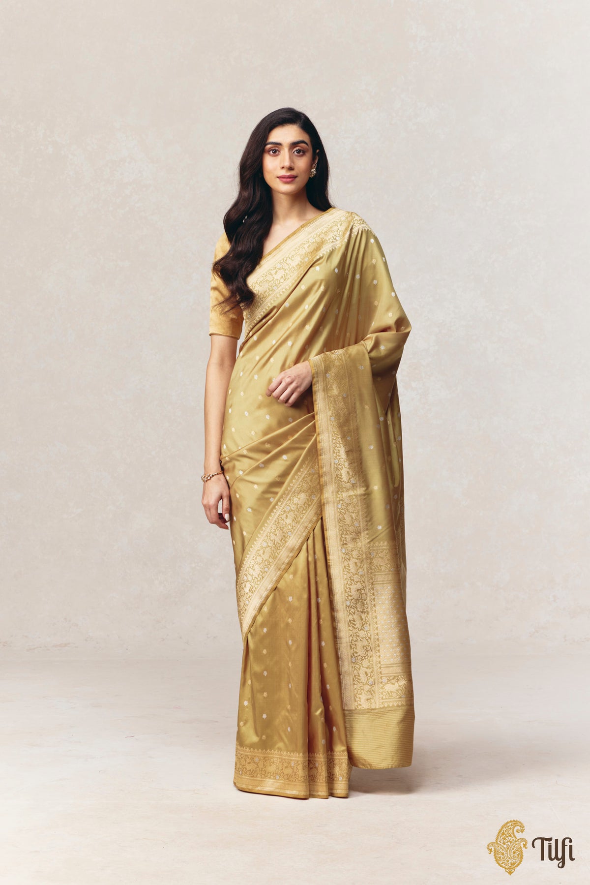 'Nayantara' Olive Yellow Pure Katan Silk Kadwa Roopa Sona Booti Saree