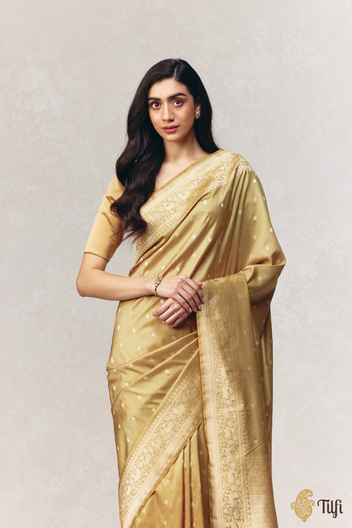 'Nayantara' Olive Yellow Pure Katan Silk Kadwa Roopa Sona Booti Saree