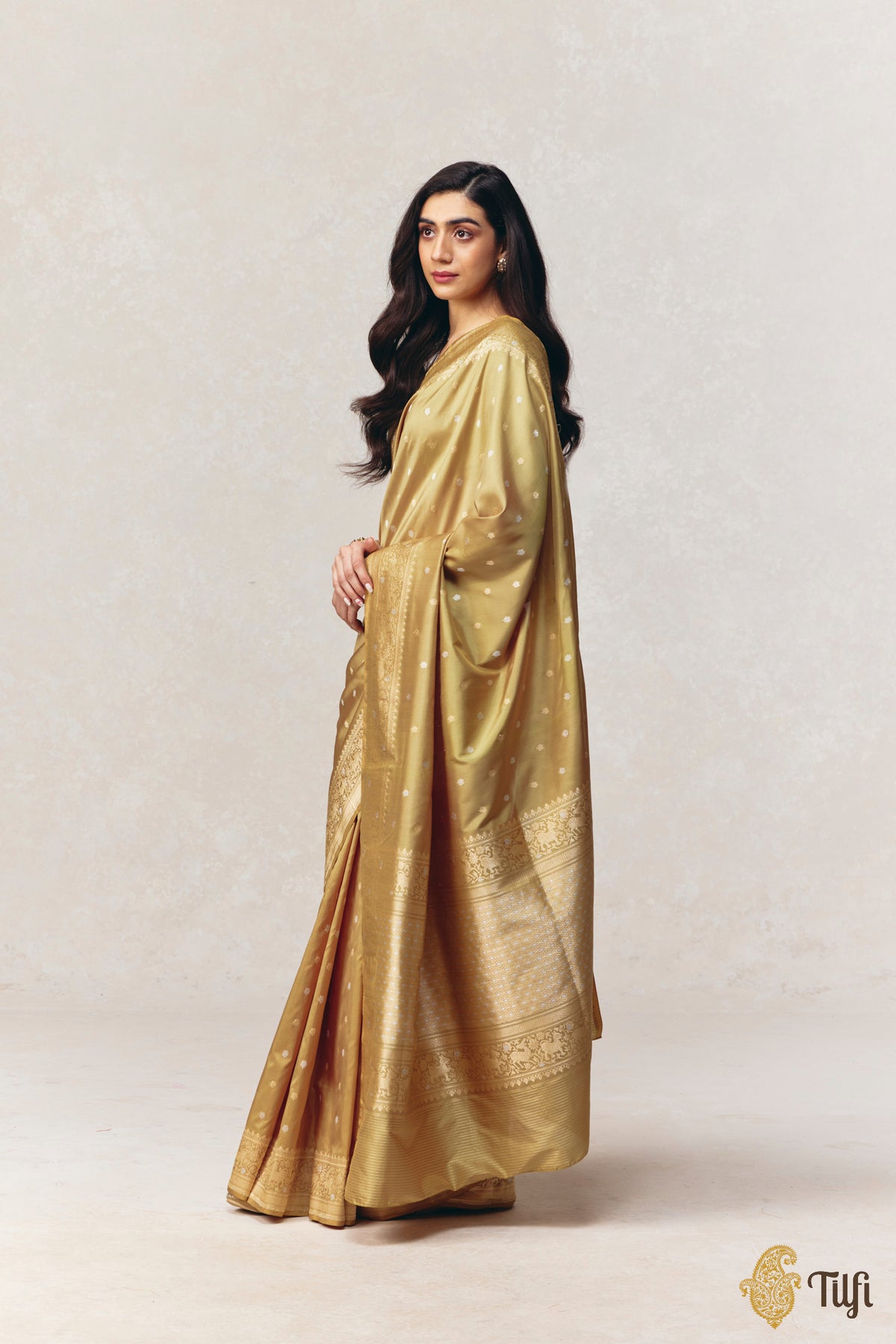 'Nayantara' Olive Yellow Pure Katan Silk Kadwa Roopa Sona Booti Saree