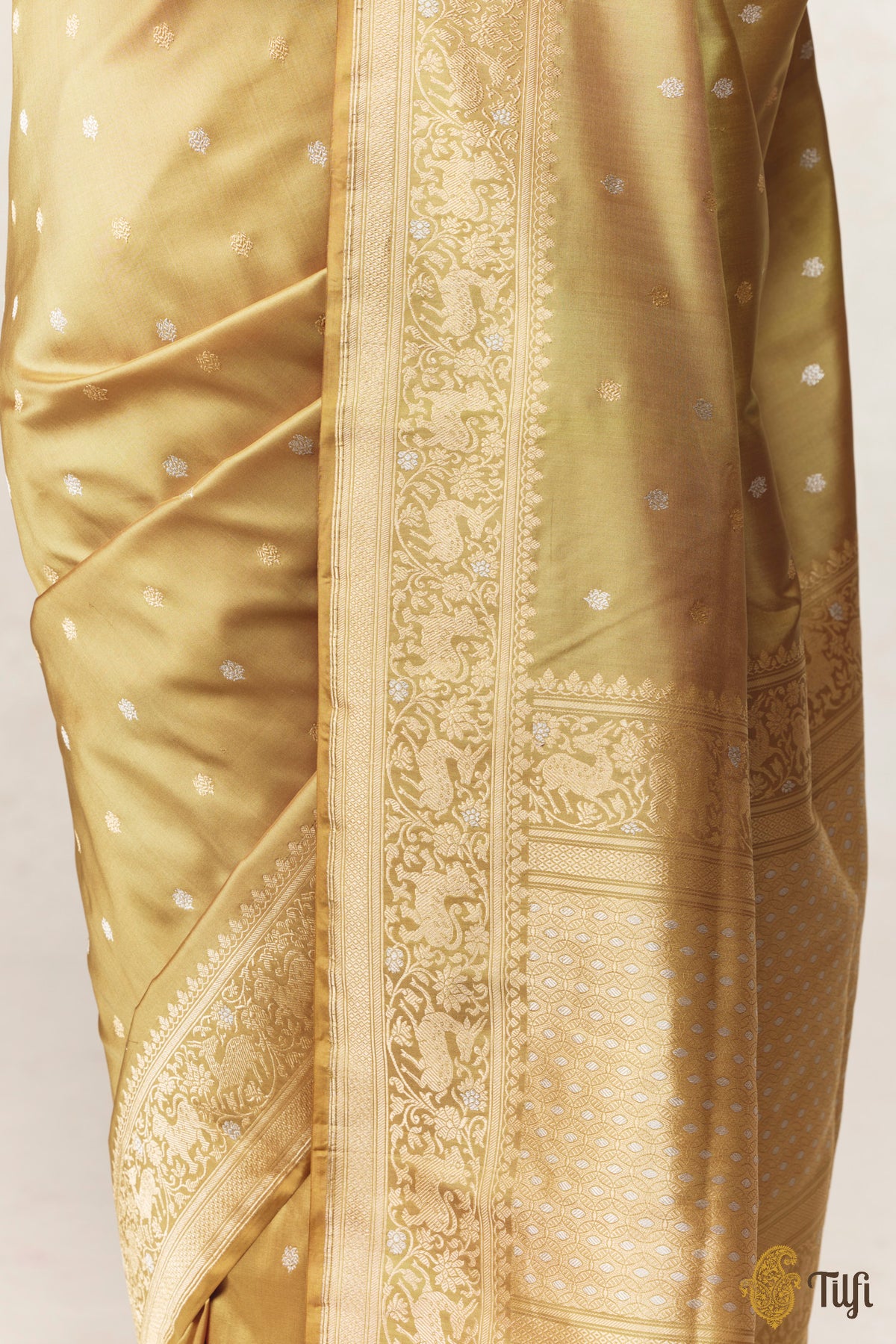 'Nayantara' Olive Yellow Pure Katan Silk Kadwa Roopa Sona Booti Saree