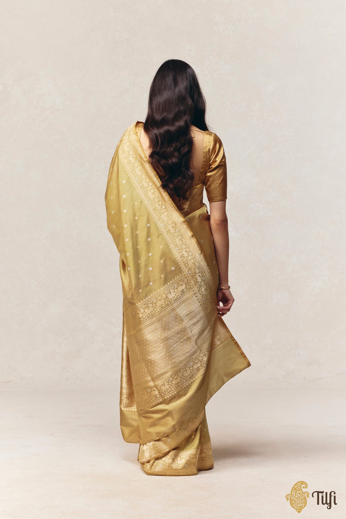 'Nayantara' Olive Yellow Pure Katan Silk Kadwa Roopa Sona Booti Saree