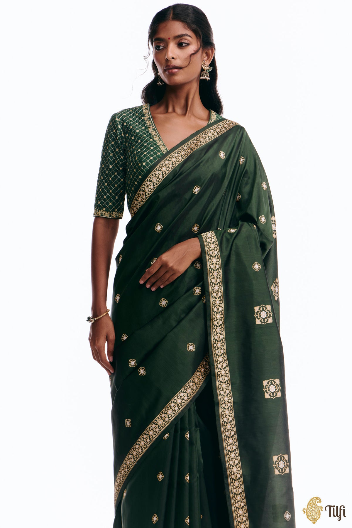'Alaka' Green Pure Katan Silk Banarasi Handloom Saree