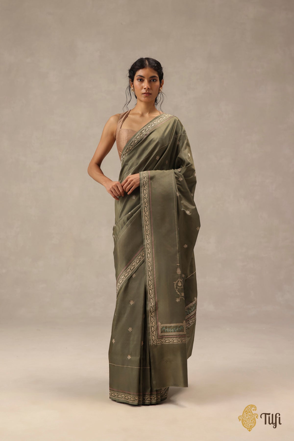 'Rosa' Olive Green Pure Katan Gheecha Silk Banarasi Handloom Saree