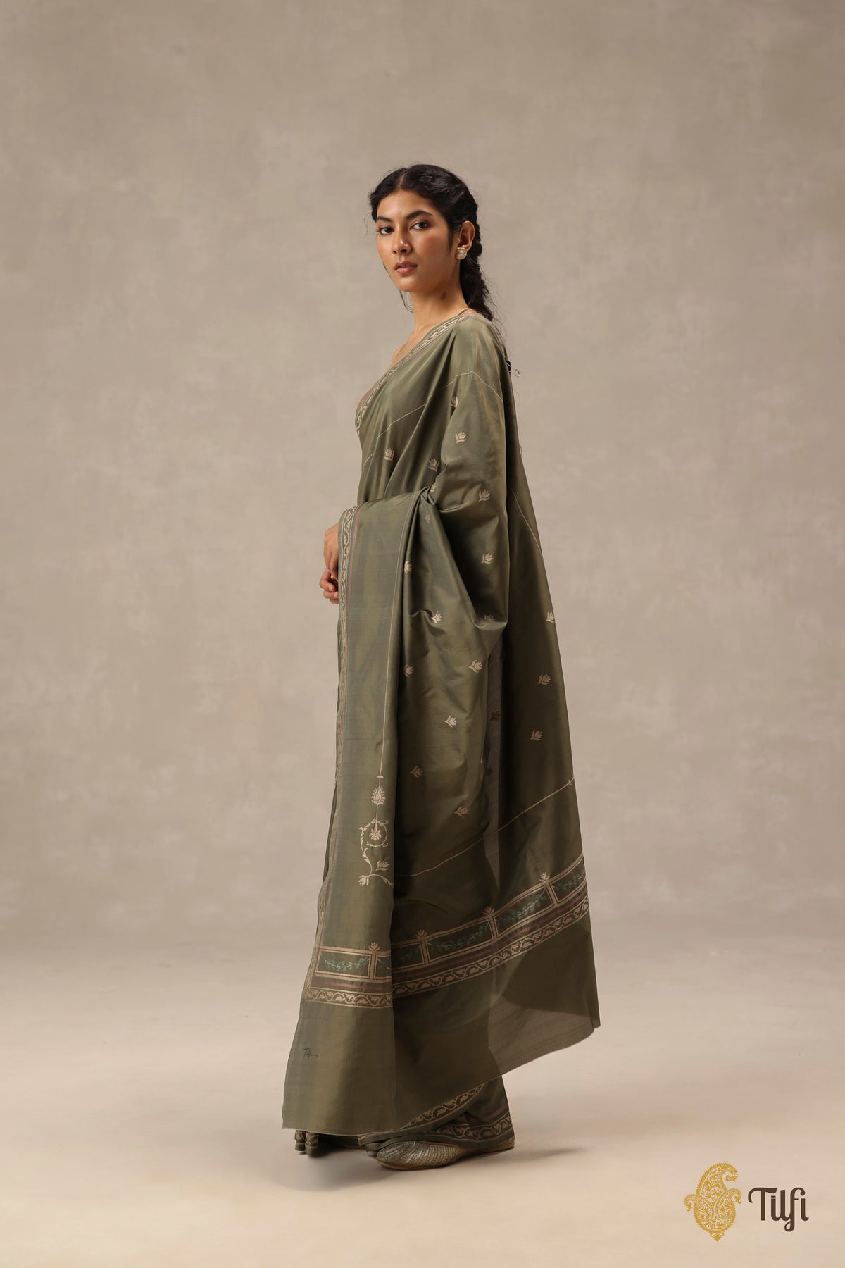 'Rosa' Olive Green Pure Katan Gheecha Silk Banarasi Handloom Saree