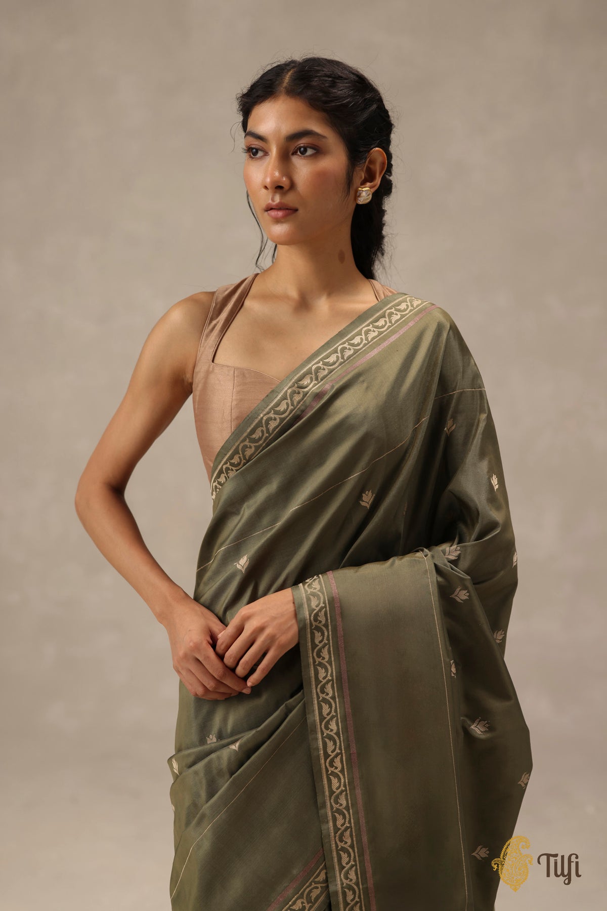 'Rosa' Olive Green Pure Katan Gheecha Silk Banarasi Handloom Saree