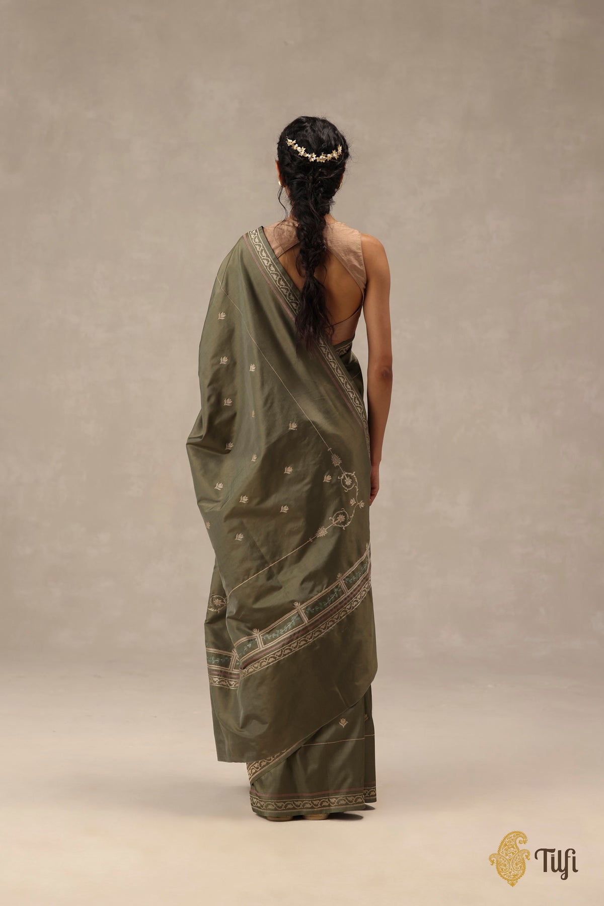 'Rosa' Olive Green Pure Katan Gheecha Silk Banarasi Handloom Saree