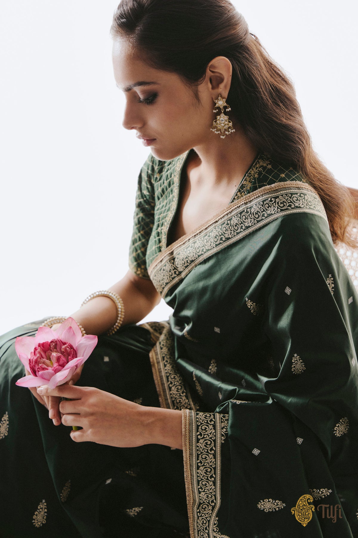 Pre-Order: 'Chitralekha' Bottle Green Pure Katan Silk Banarasi Handloom Saree