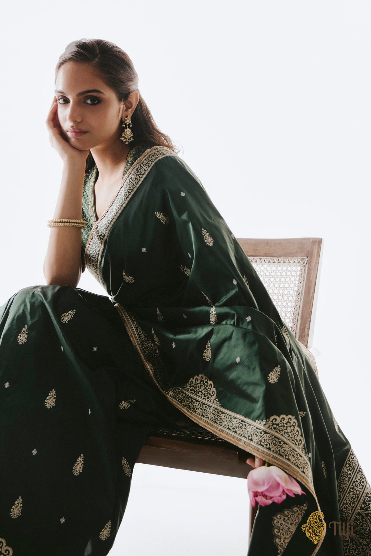Pre-Order: 'Chitralekha' Bottle Green Pure Katan Silk Banarasi Handloom Saree