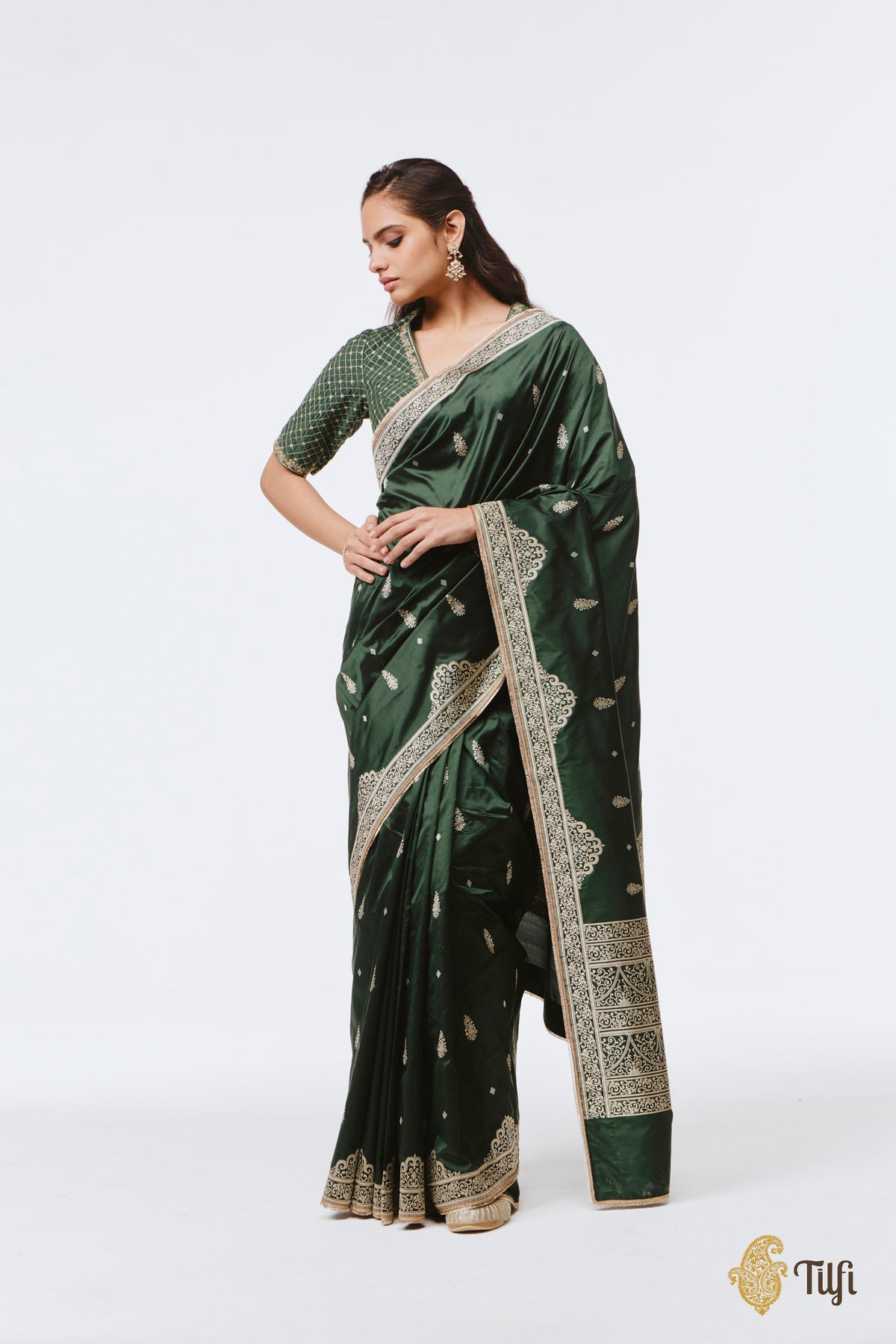 Pre-Order: 'Chitralekha' Bottle Green Pure Katan Silk Banarasi Handloom Saree