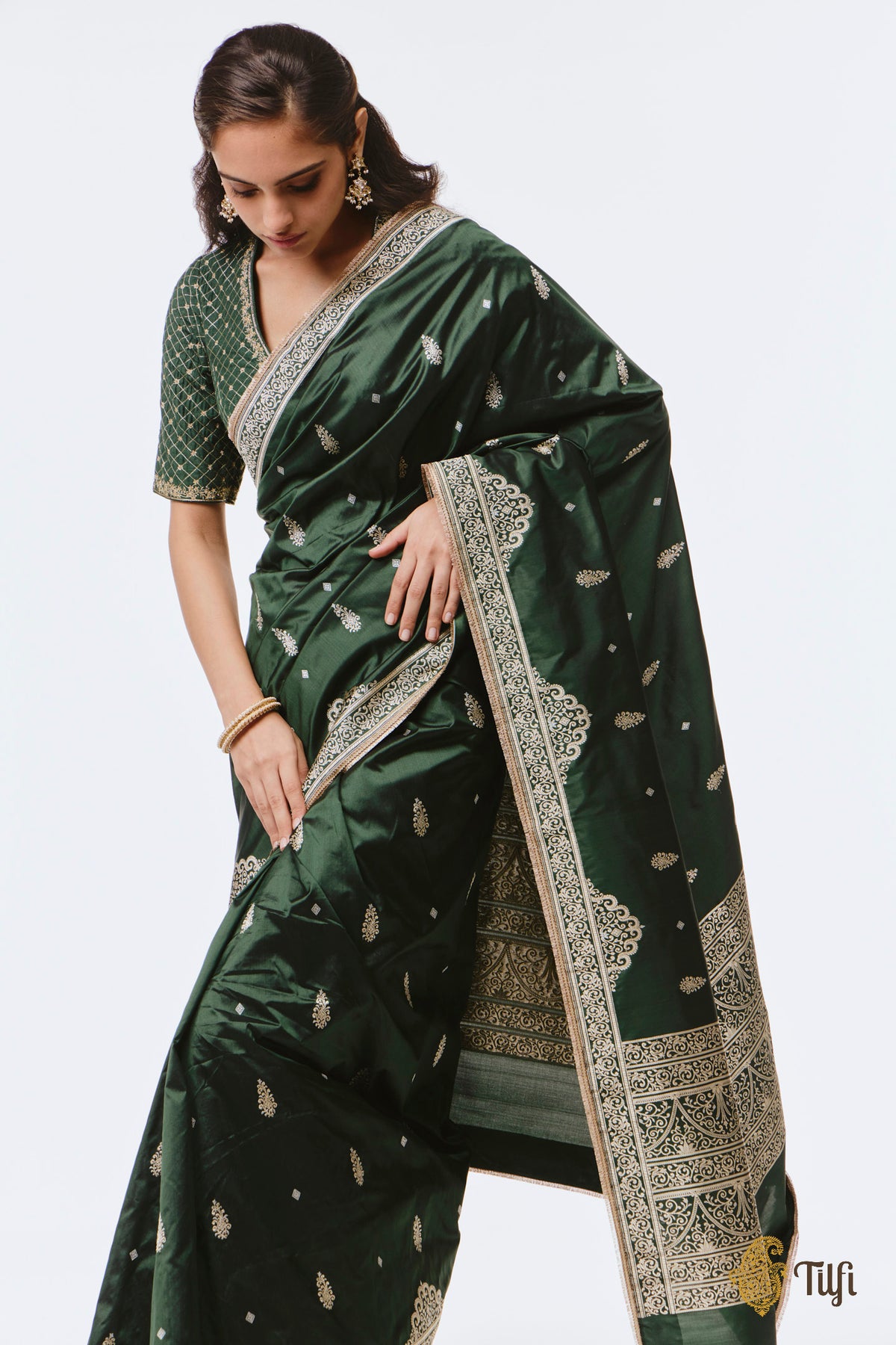 Pre-Order: 'Chitralekha' Bottle Green Pure Katan Silk Banarasi Handloom Saree